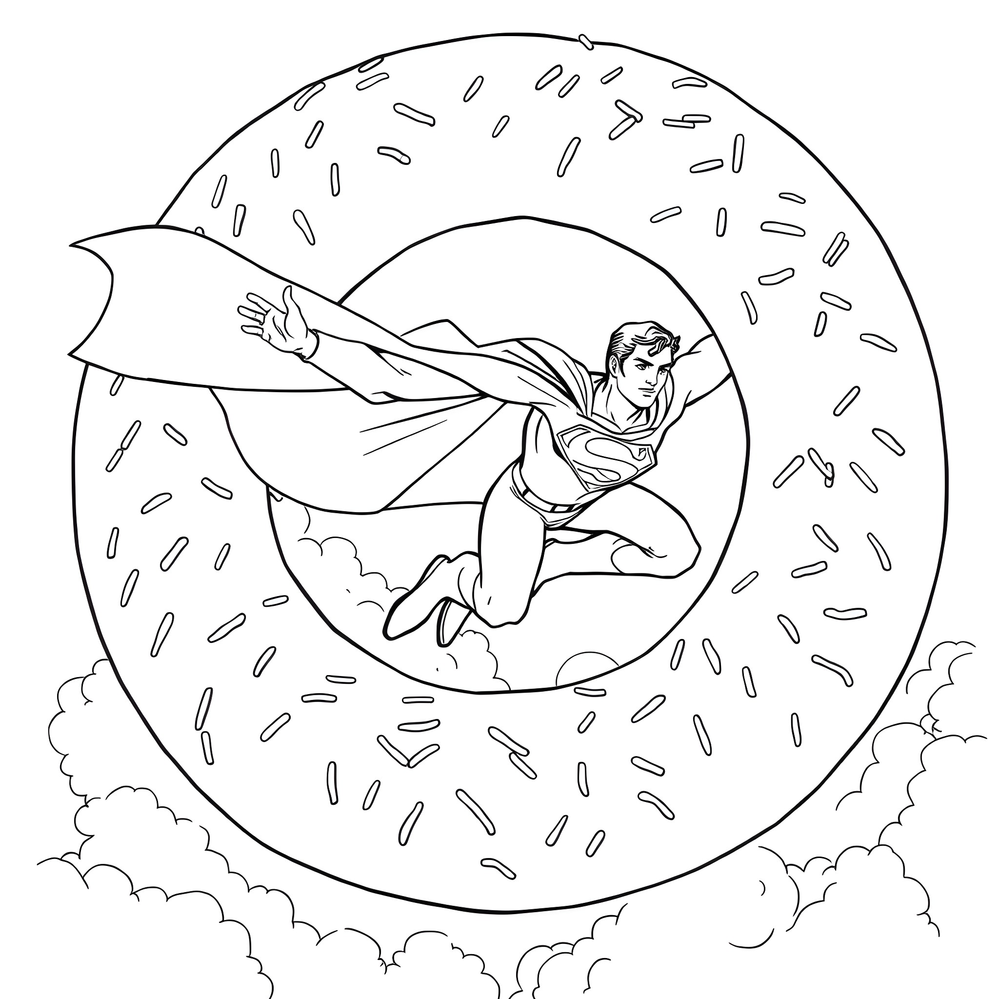 Superman soaring through the sky with heroic pose Coloring Page (free black-and-white line drawing printable PDF for all, from beginners to advanced learners, including children, teens, adults, and seniors)
