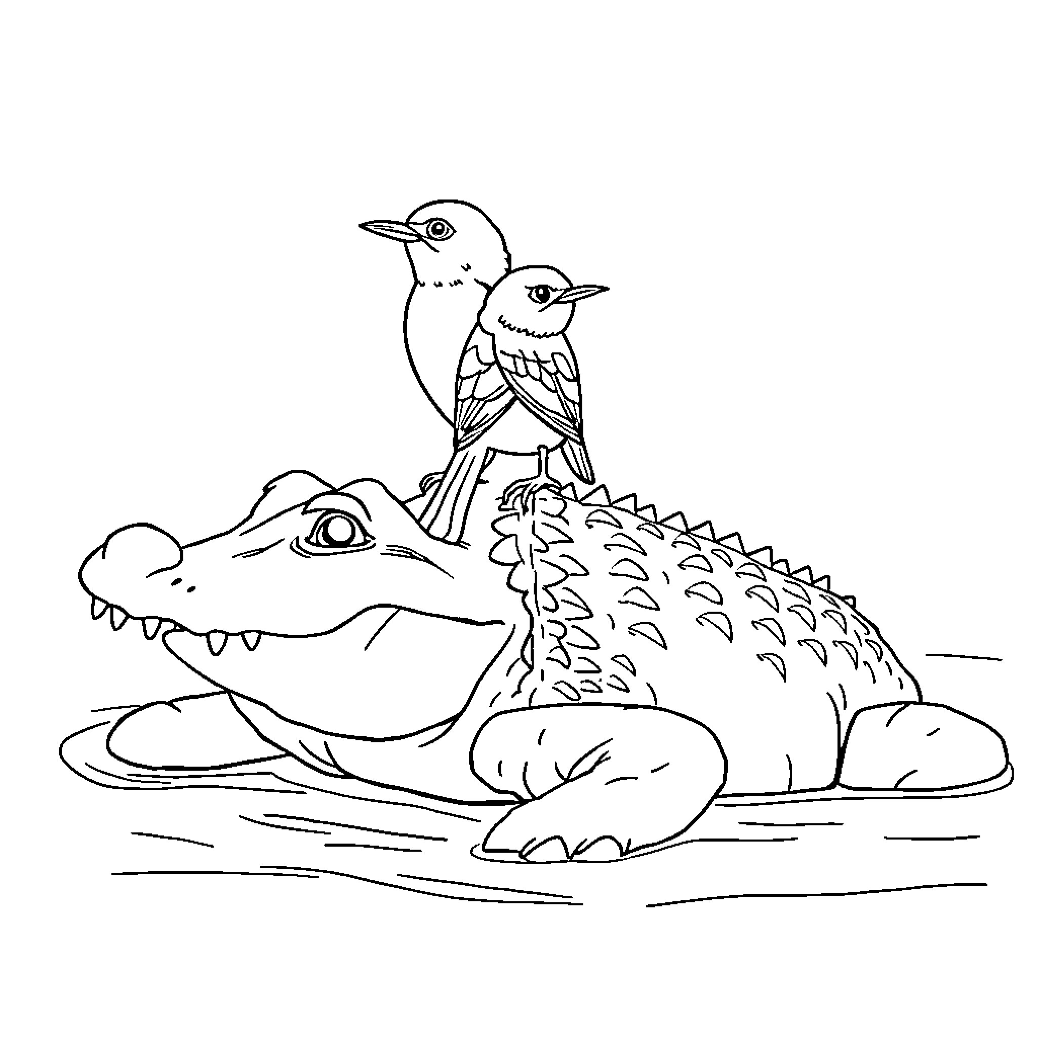 Bird perched on the back of an alligator Coloring Page (free black-and-white line drawing printable PDF for all, from beginners to advanced learners, including children, teens, adults, and seniors)