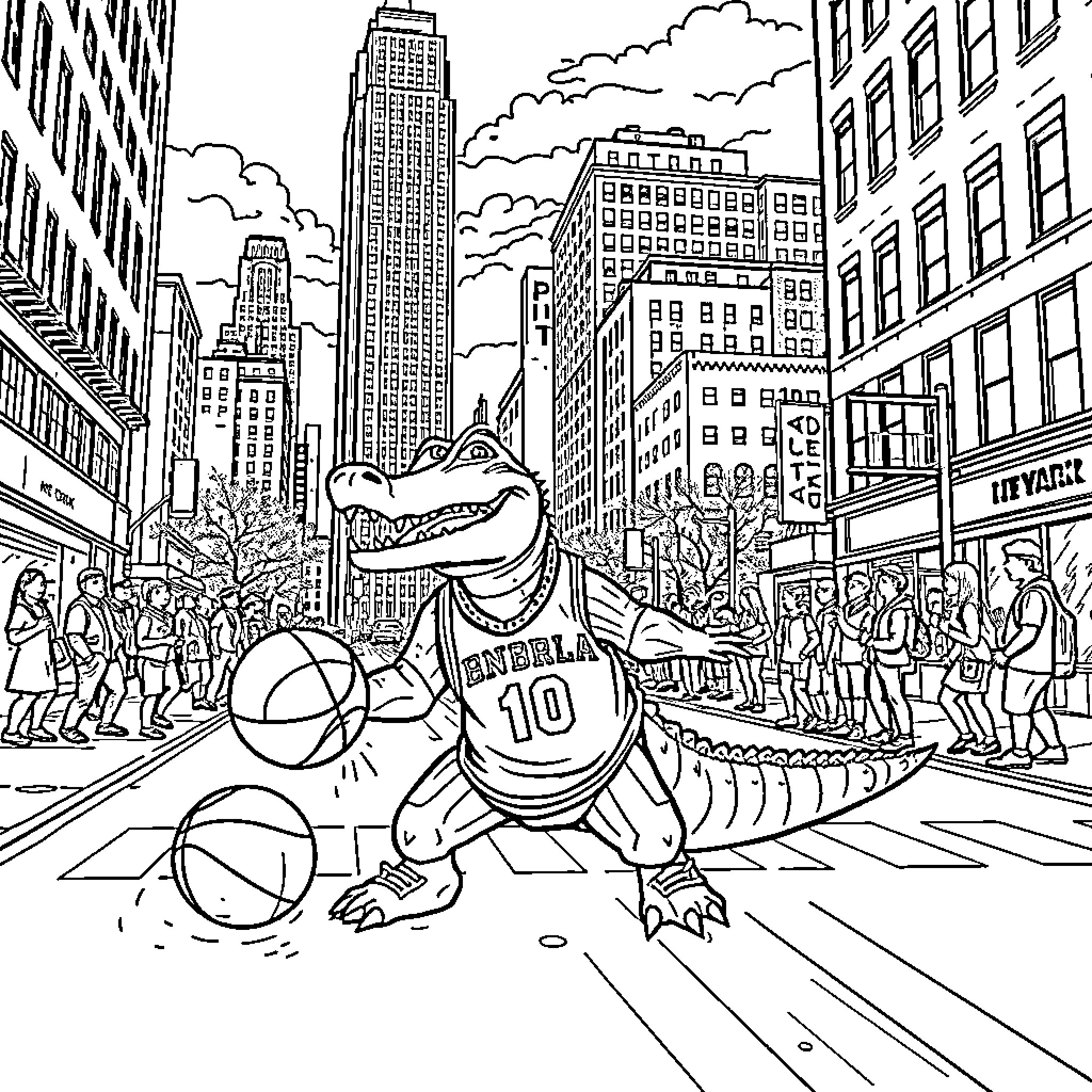 Alligator basketball player in the city parade Coloring Page (free black-and-white line drawing printable PDF for all, from beginners to advanced learners, including children, teens, adults, and seniors)