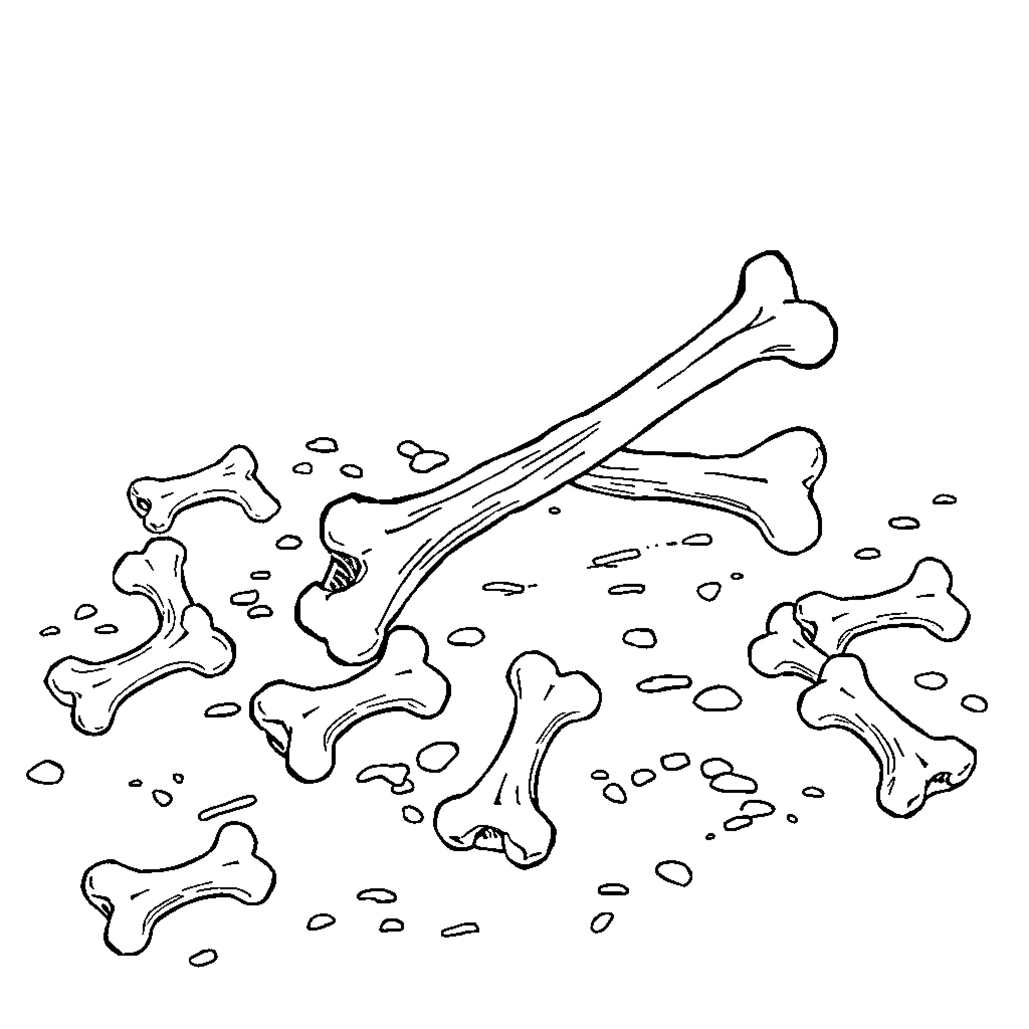 Bone fragments scattered on the ground Coloring Page (free black-and-white line drawing printable PDF for all, from beginners to advanced learners, including children, teens, adults, and seniors)