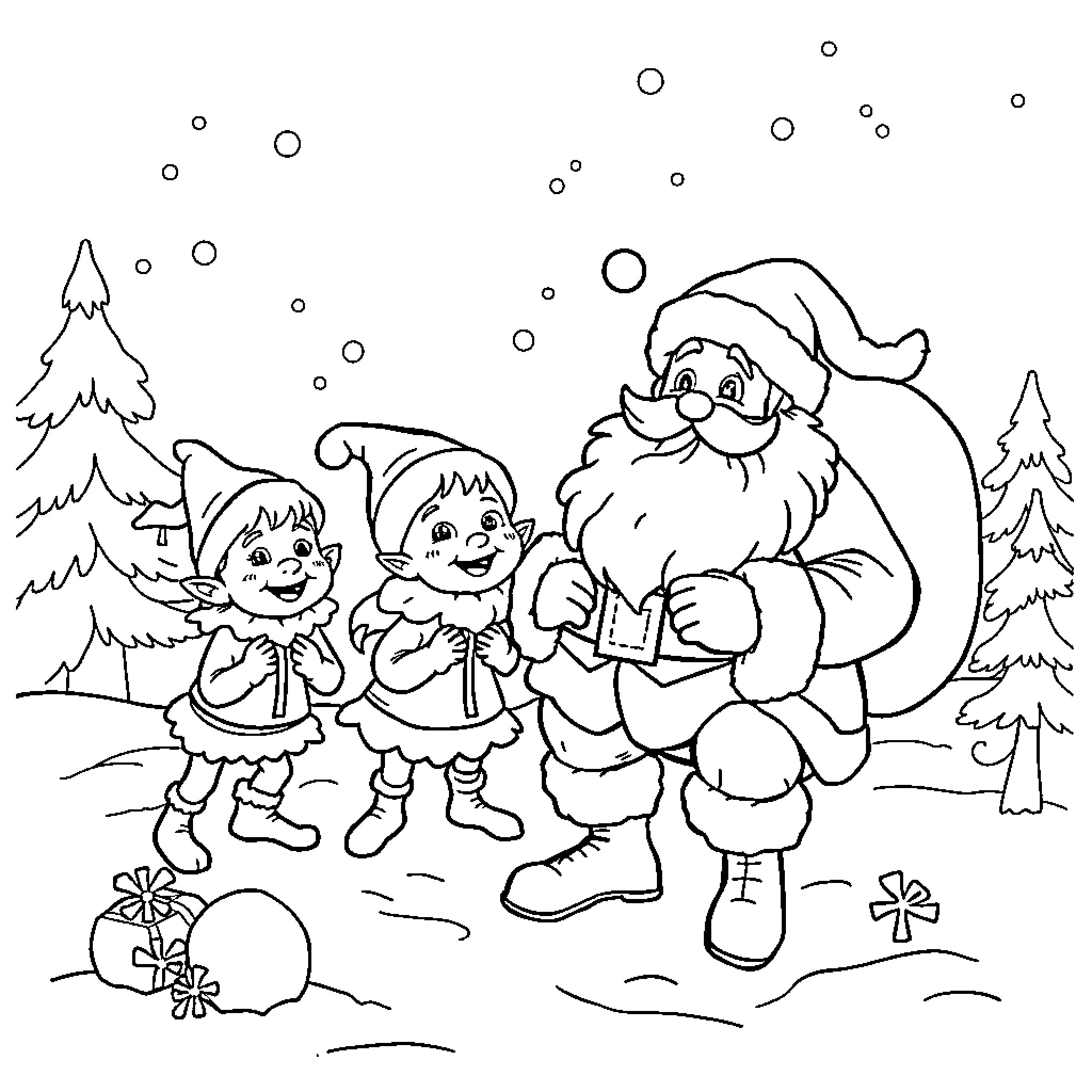 Santa playing with happy children in snowy forest Coloring Page (free black-and-white line drawing printable PDF for all, from beginners to advanced learners, including children, teens, adults, and seniors)
