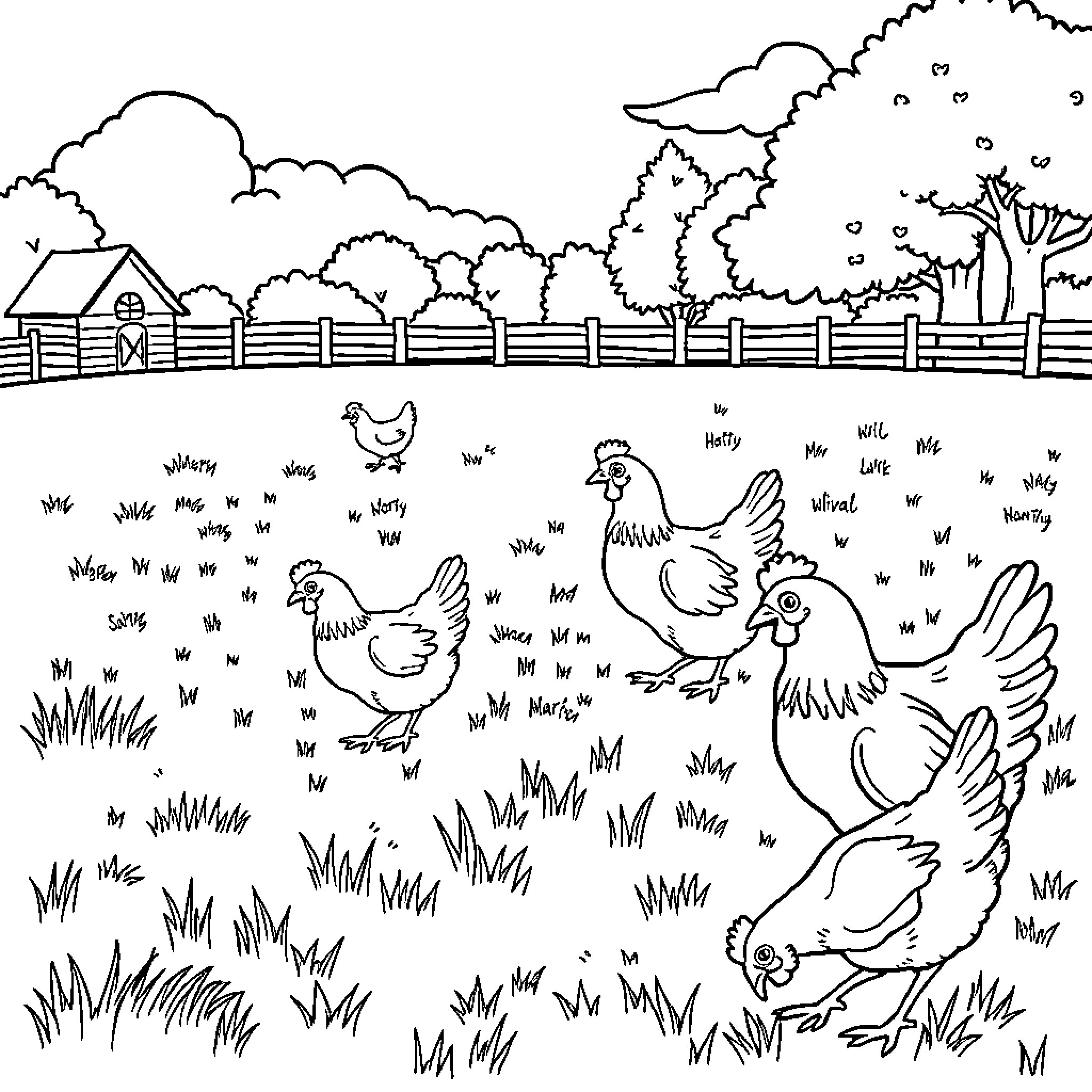 Chicken family on a farm Coloring Page (free black-and-white line drawing printable PDF for all, from beginners to advanced learners, including children, teens, adults, and seniors)