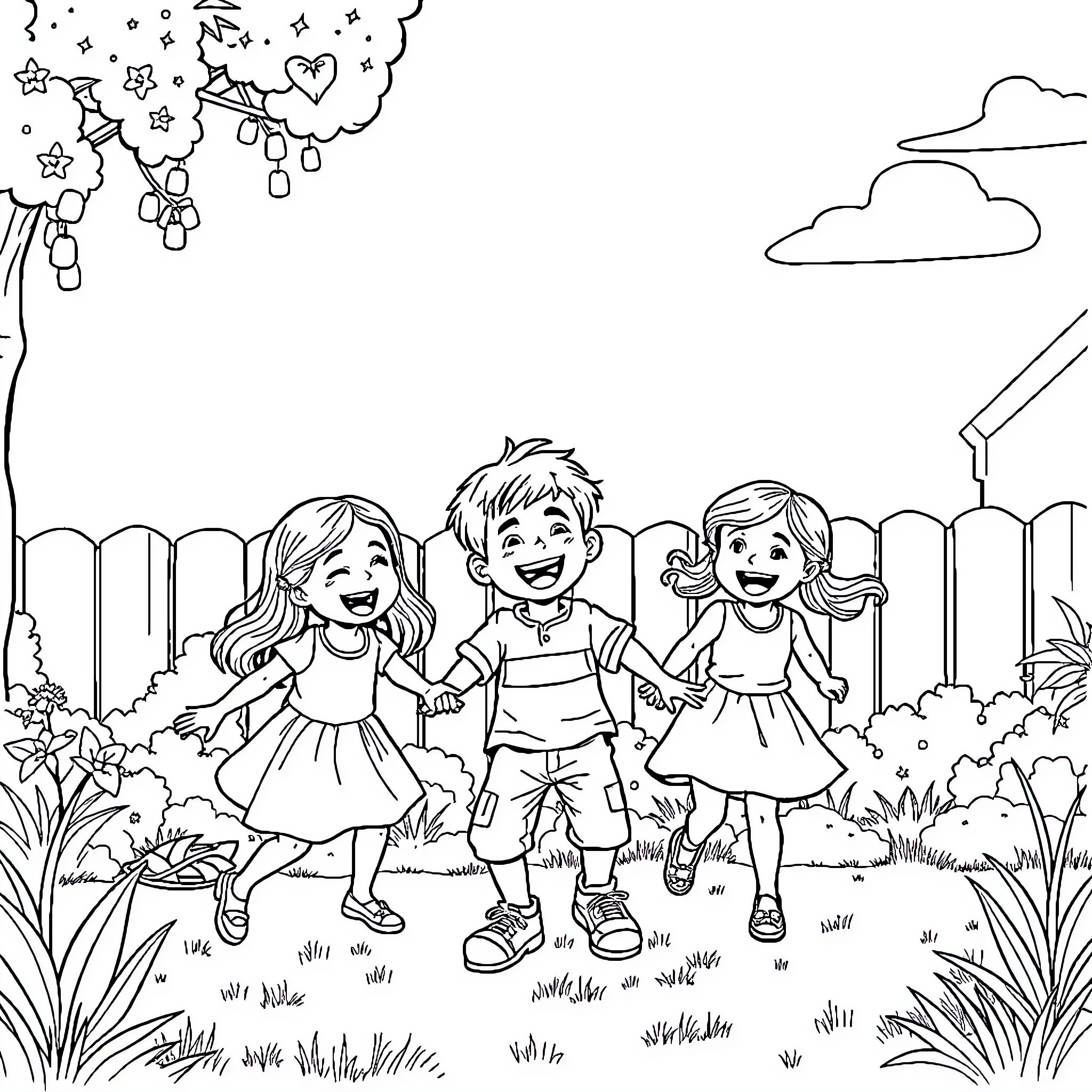 Boy and friends playing joyfully in nature Coloring Page (free black-and-white line drawing printable PDF for all, from beginners to advanced learners, including children, teens, adults, and seniors)