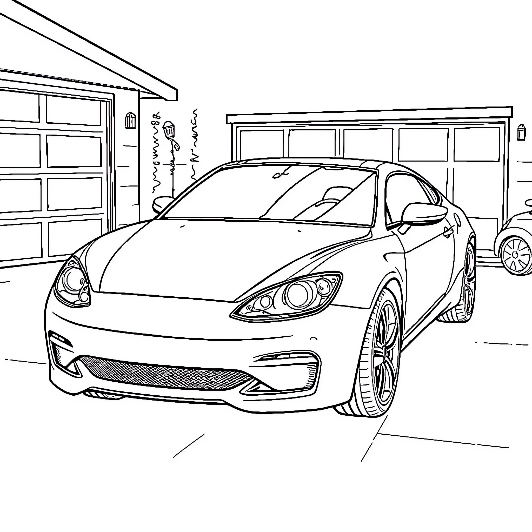 Car parked in garage with open door Coloring Page (free black-and-white line drawing printable PDF for all, from beginners to advanced learners, including children, teens, adults, and seniors)