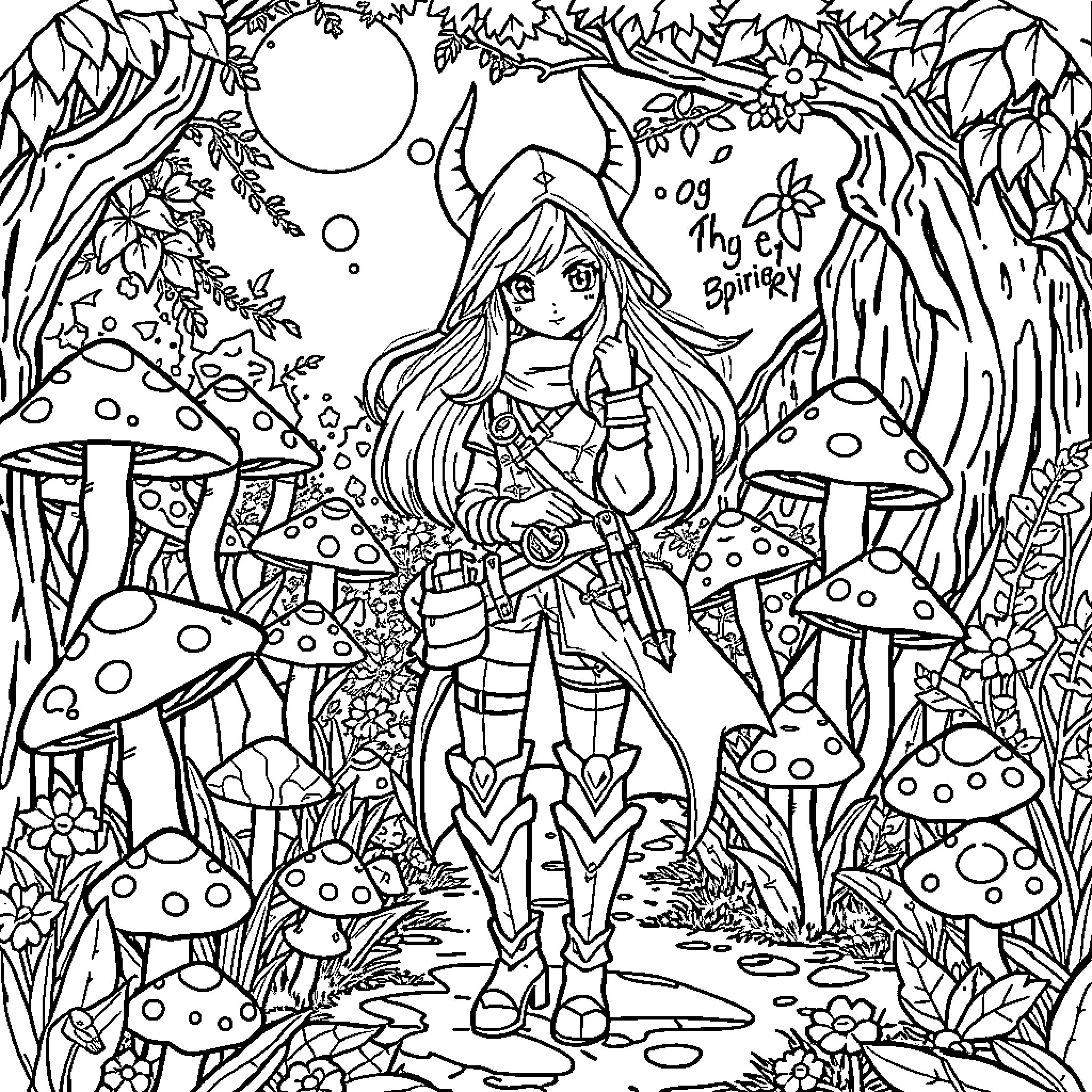 Mira's Enchanted Forest Adventure Coloring Page (free black-and-white line drawing printable PDF for all, from beginners to advanced learners, including children, teens, adults, and seniors)