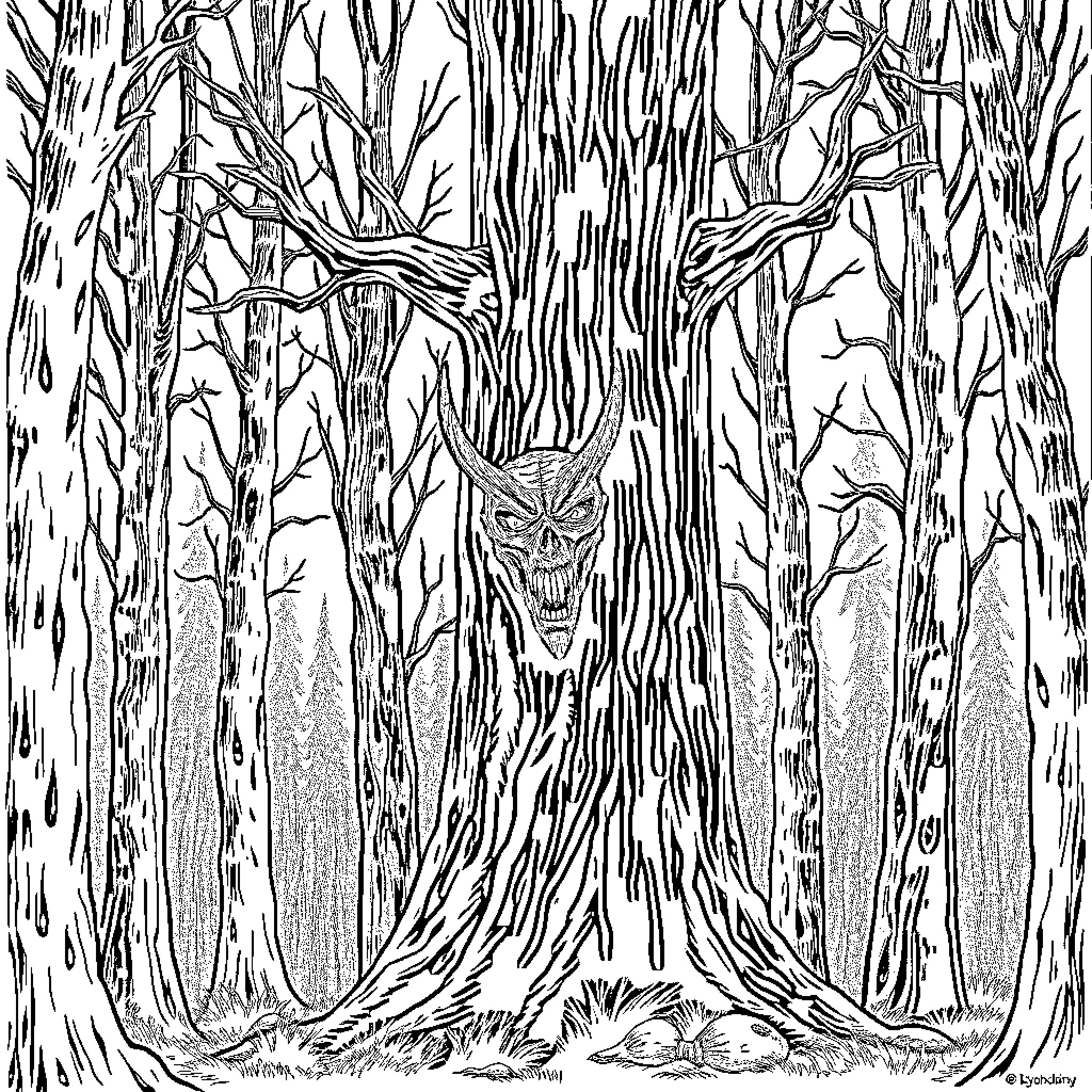 Wendigo emerging from the haunted forest Coloring Page (free black-and-white line drawing printable PDF for all, from beginners to advanced learners, including children, teens, adults, and seniors)