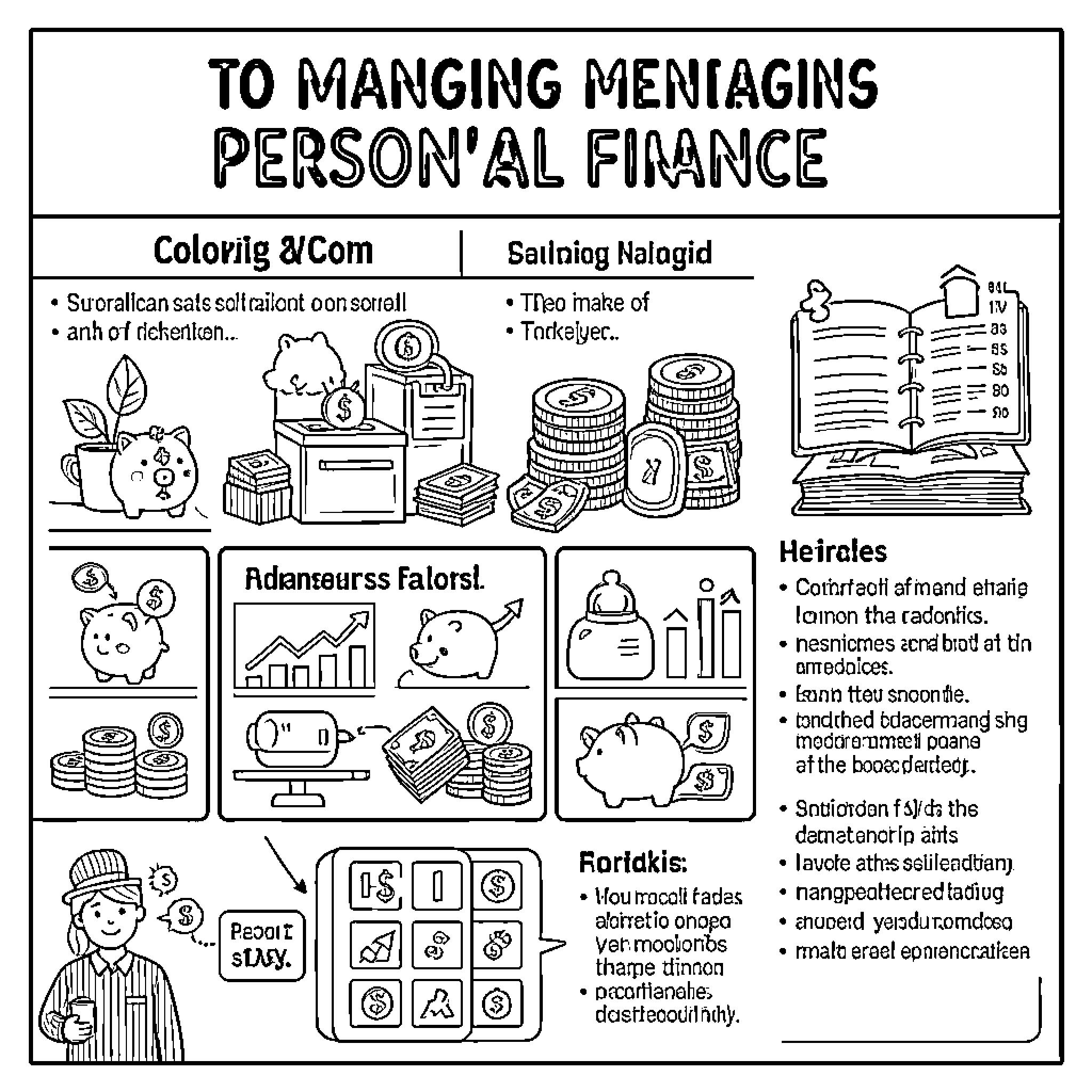 Finance concepts illustrated with various piggy banks and coins Coloring Page (free black-and-white line drawing printable PDF for all, from beginners to advanced learners, including children, teens, adults, and seniors)
