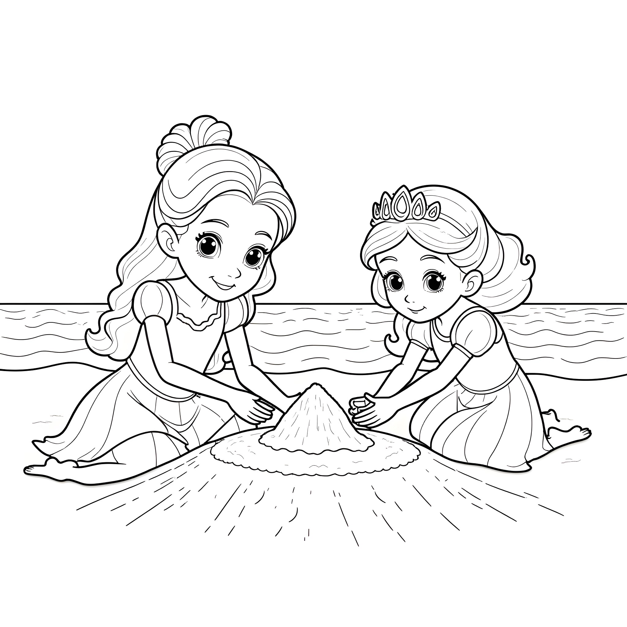 Princess Sisters Playing in the Sand Coloring Page (free black-and-white line drawing printable PDF for all, from beginners to advanced learners, including children, teens, adults, and seniors)