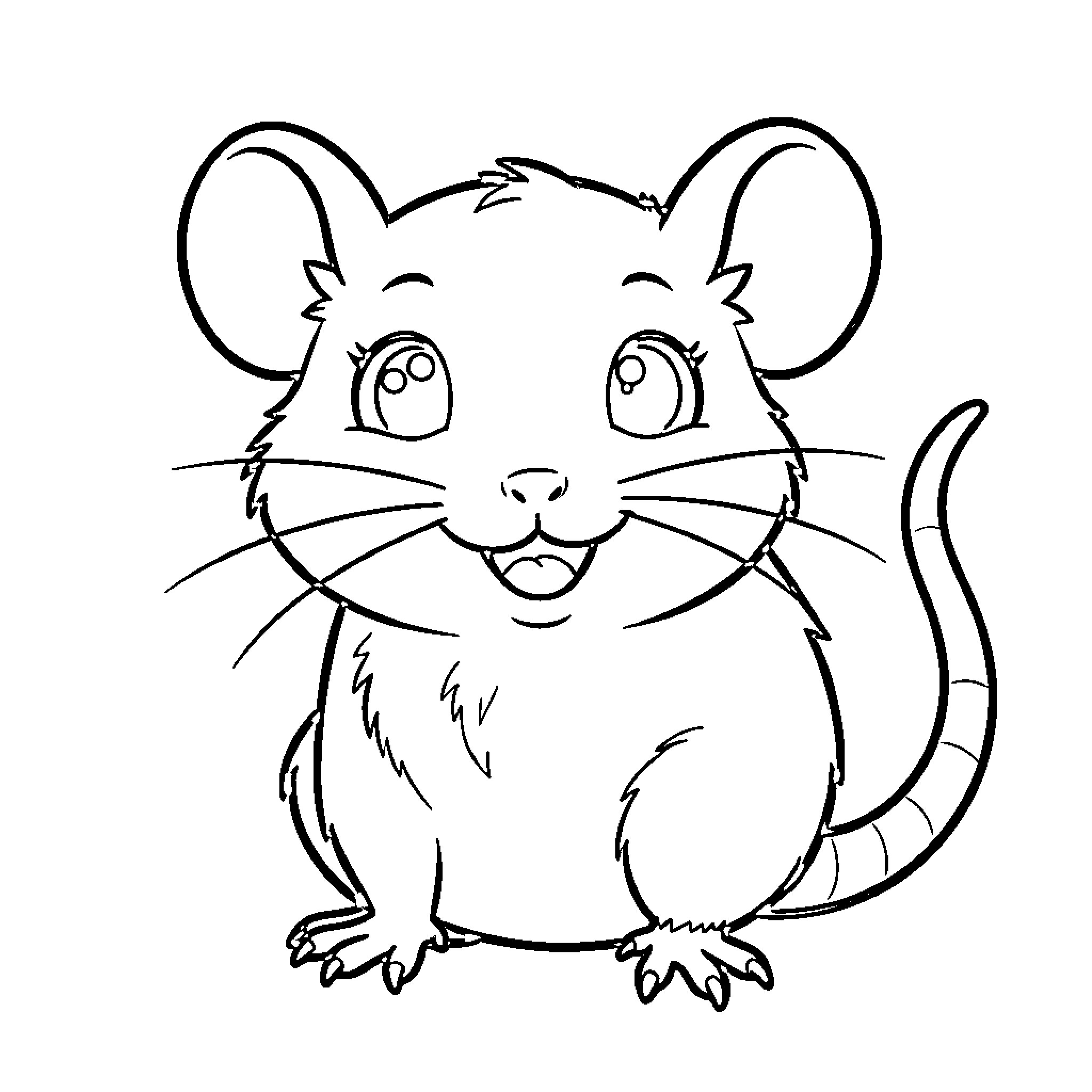 Rat with cute expression and big ears Coloring Page (free black-and-white line drawing printable PDF for all, from beginners to advanced learners, including children, teens, adults, and seniors)