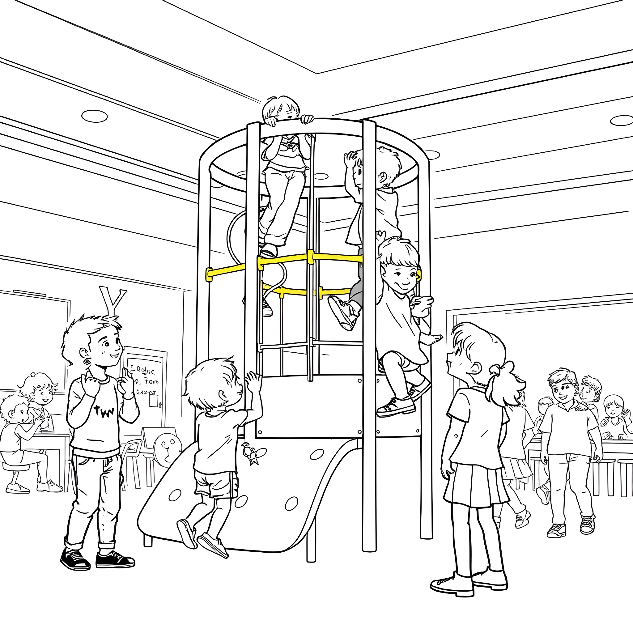 Kid playing happily on playground equipment Coloring Page (free black-and-white line drawing printable PDF for all, from beginners to advanced learners, including children, teens, adults, and seniors)