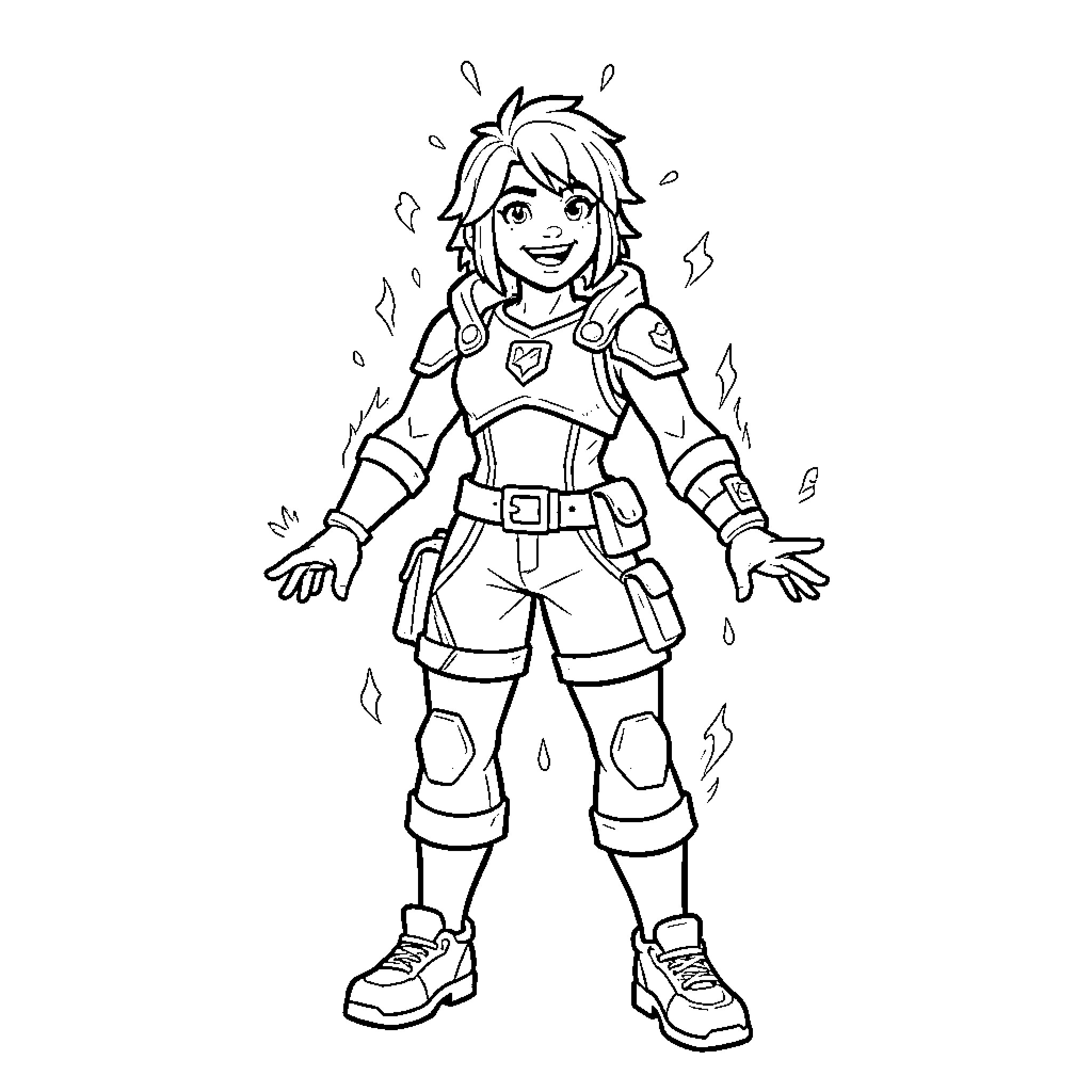 Aura Sprite smiling in heroic combat attire Coloring Page (free black-and-white line drawing printable PDF for all, from beginners to advanced learners, including children, teens, adults, and seniors)