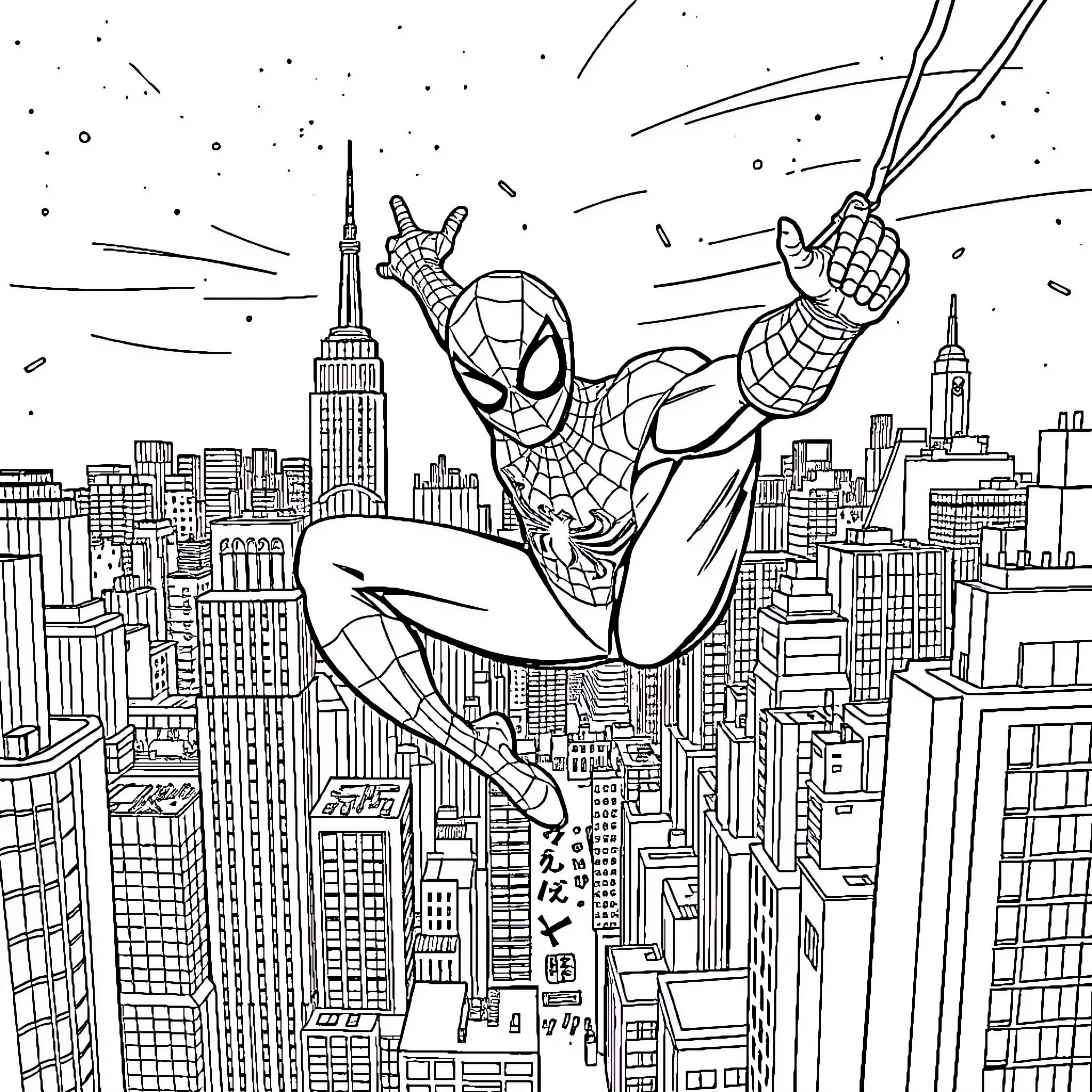 Spiderman swinging through the city skyline Coloring Page (free black-and-white line drawing printable PDF for all, from beginners to advanced learners, including children, teens, adults, and seniors)