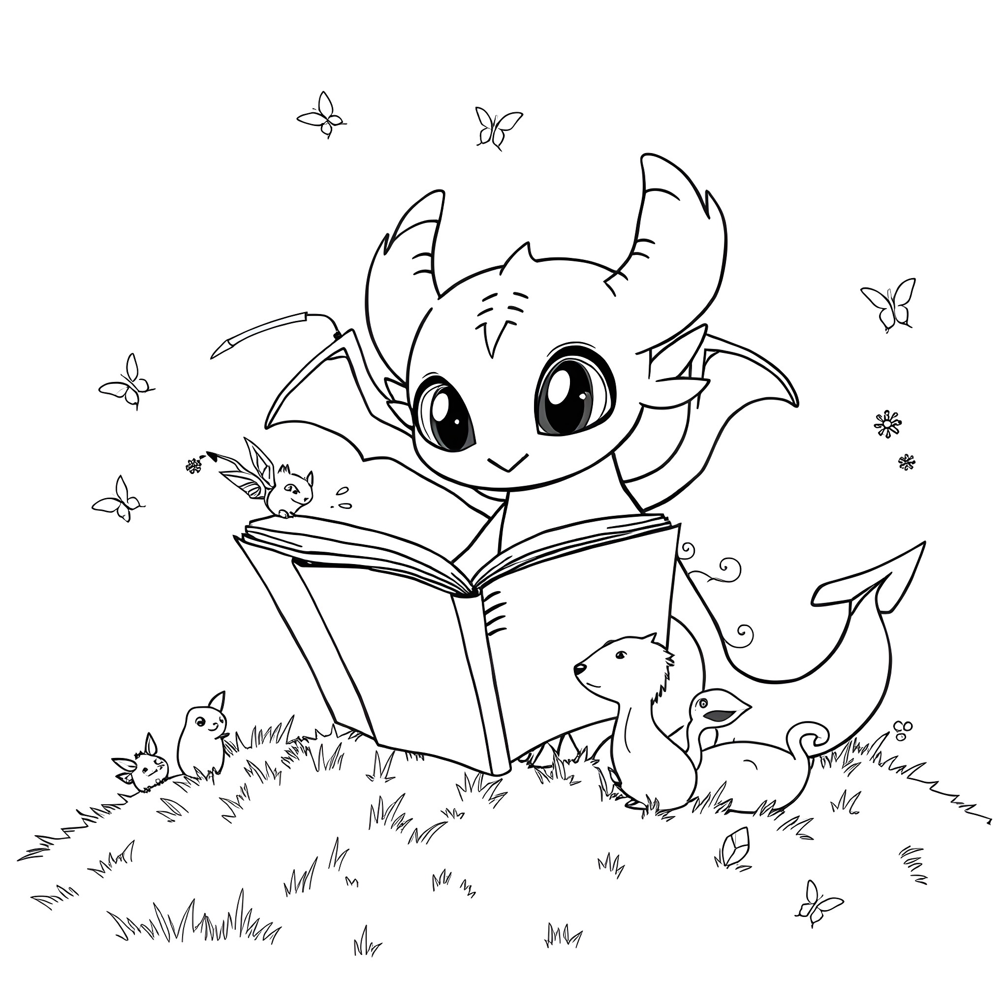 Toothless reading a book with little dragons Coloring Page (free black-and-white line drawing printable PDF for all, from beginners to advanced learners, including children, teens, adults, and seniors)
