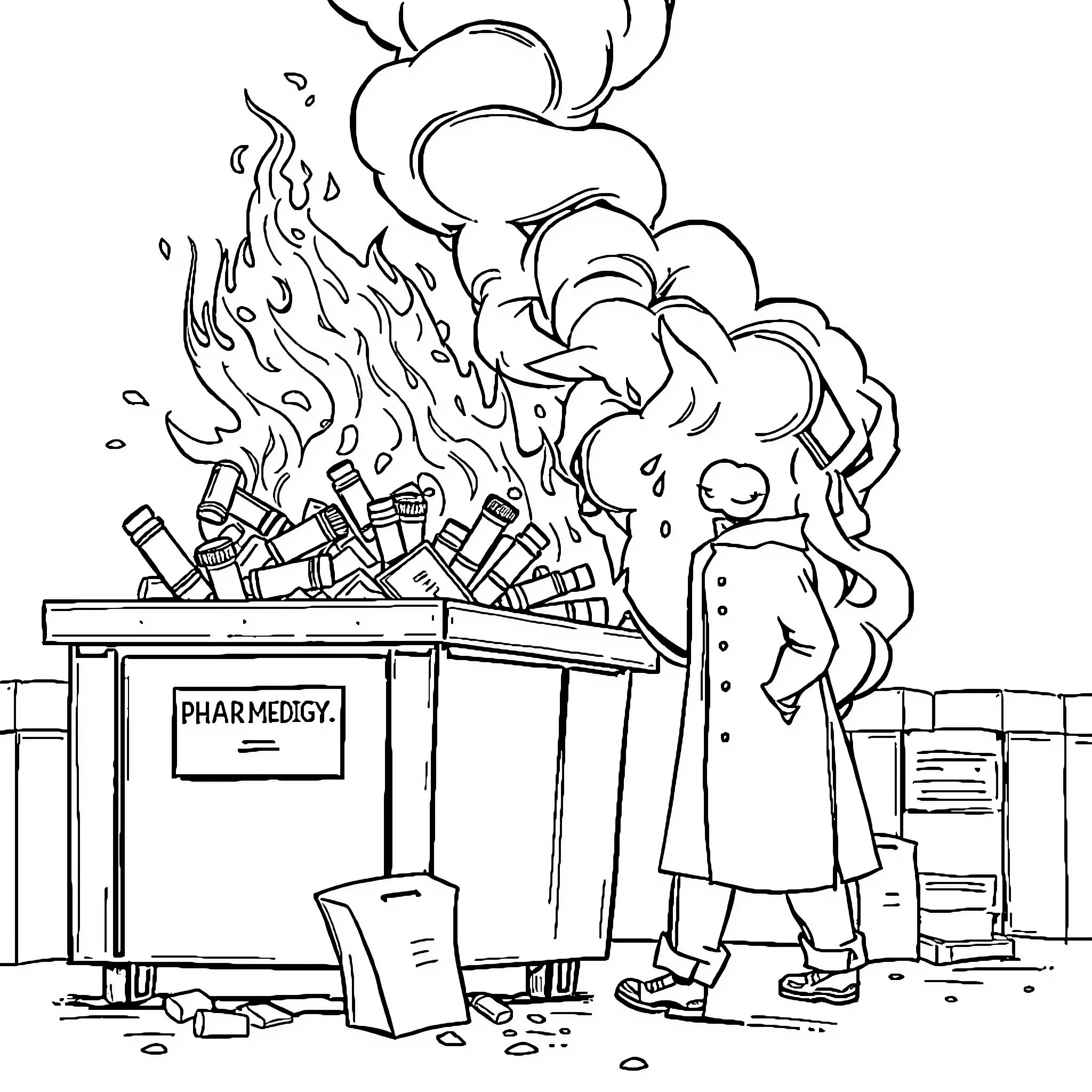 Pharmacist reacting to a medical emergency Coloring Page (free black-and-white line drawing printable PDF for all, from beginners to advanced learners, including children, teens, adults, and seniors)