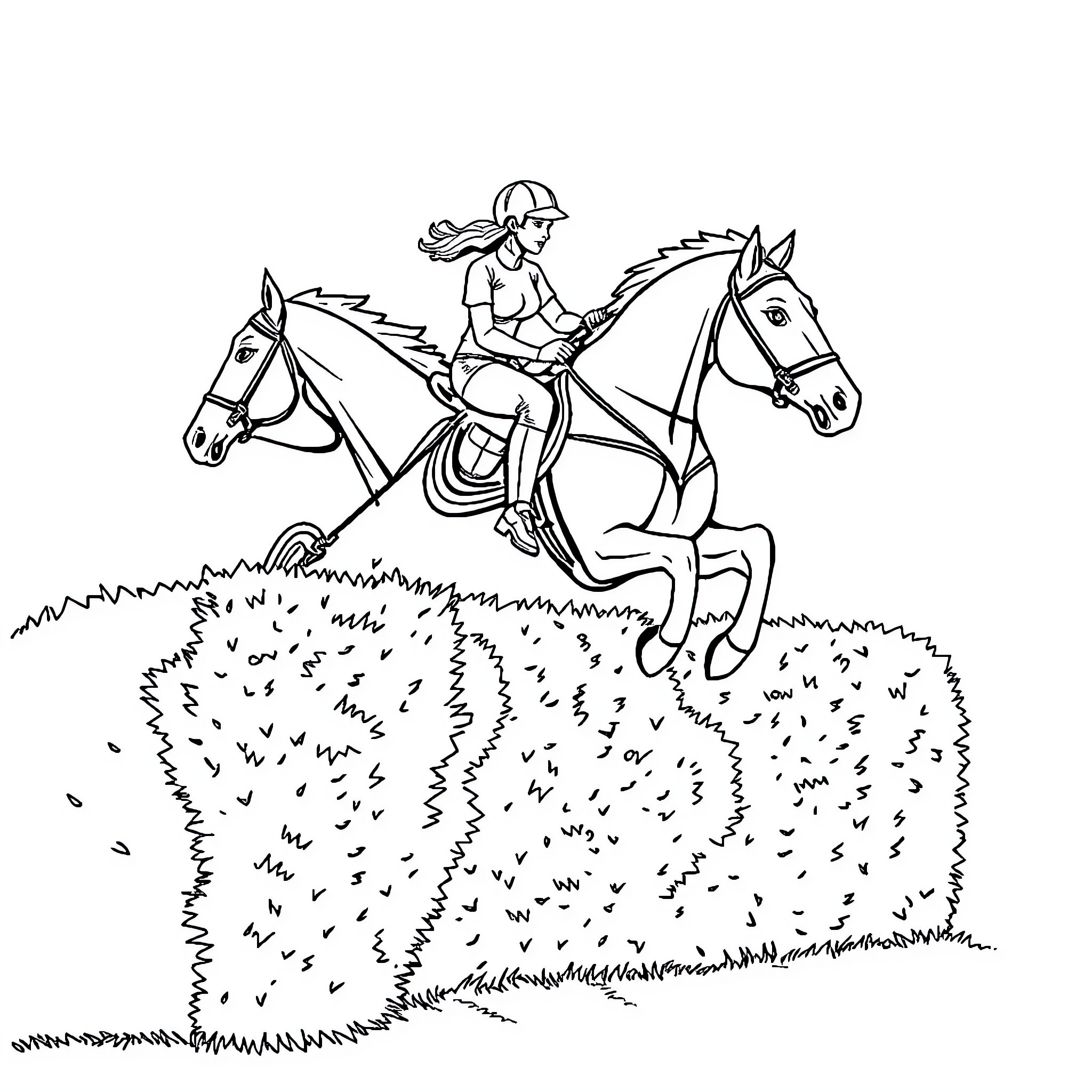 Woman riding a horse through the countryside Coloring Page (free black-and-white line drawing printable PDF for all, from beginners to advanced learners, including children, teens, adults, and seniors)