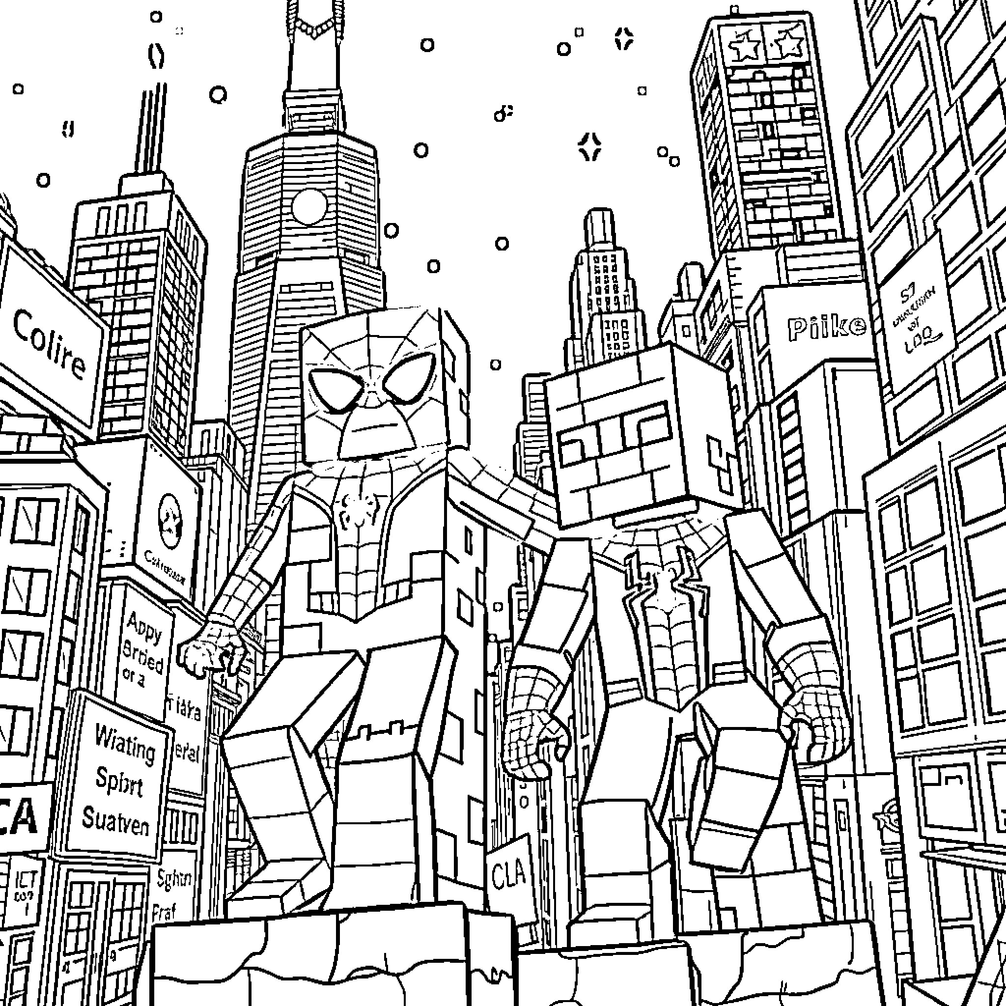 Creeper Superheroes Battling in the City Coloring Page (free black-and-white line drawing printable PDF for all, from beginners to advanced learners, including children, teens, adults, and seniors)