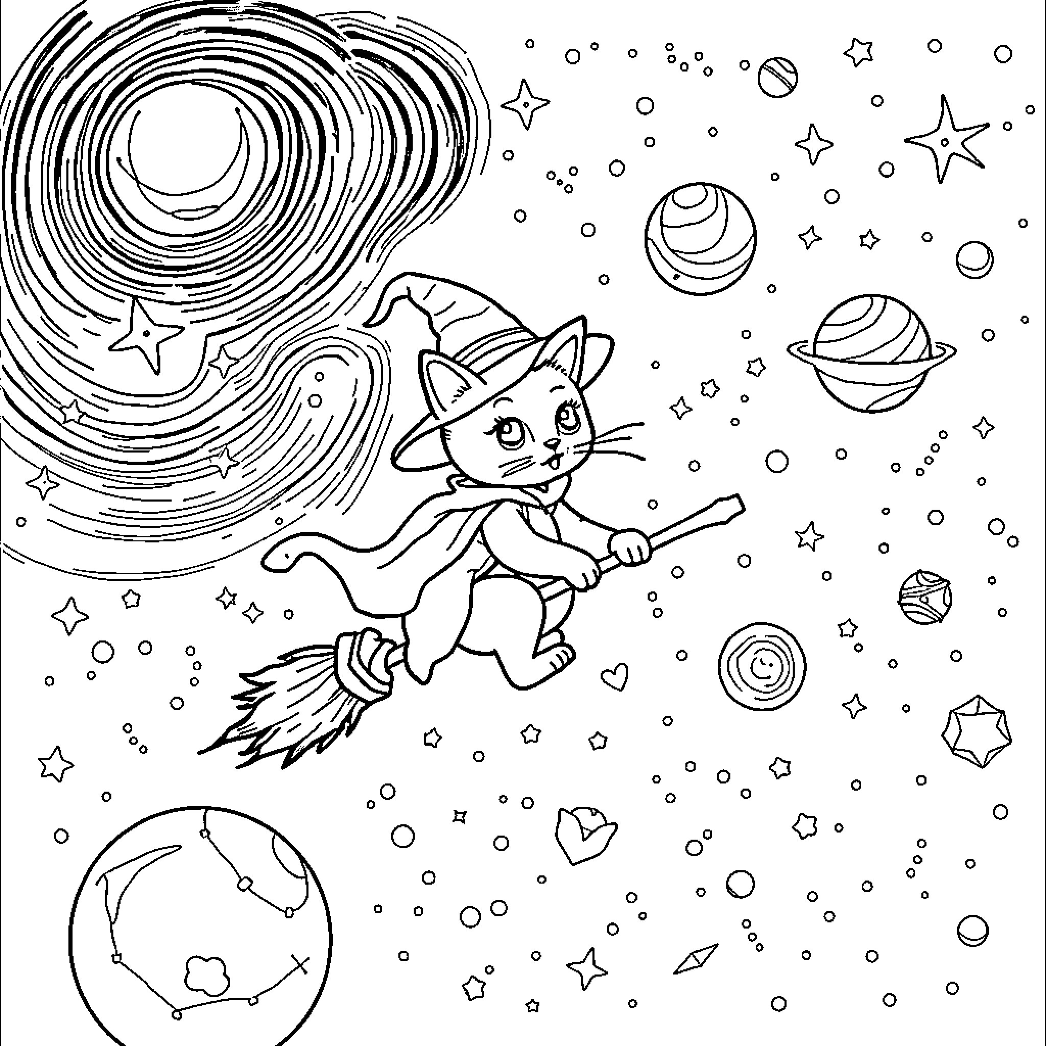 Cat flying on broom in starry night sky Coloring Page (free black-and-white line drawing printable PDF for all, from beginners to advanced learners, including children, teens, adults, and seniors)