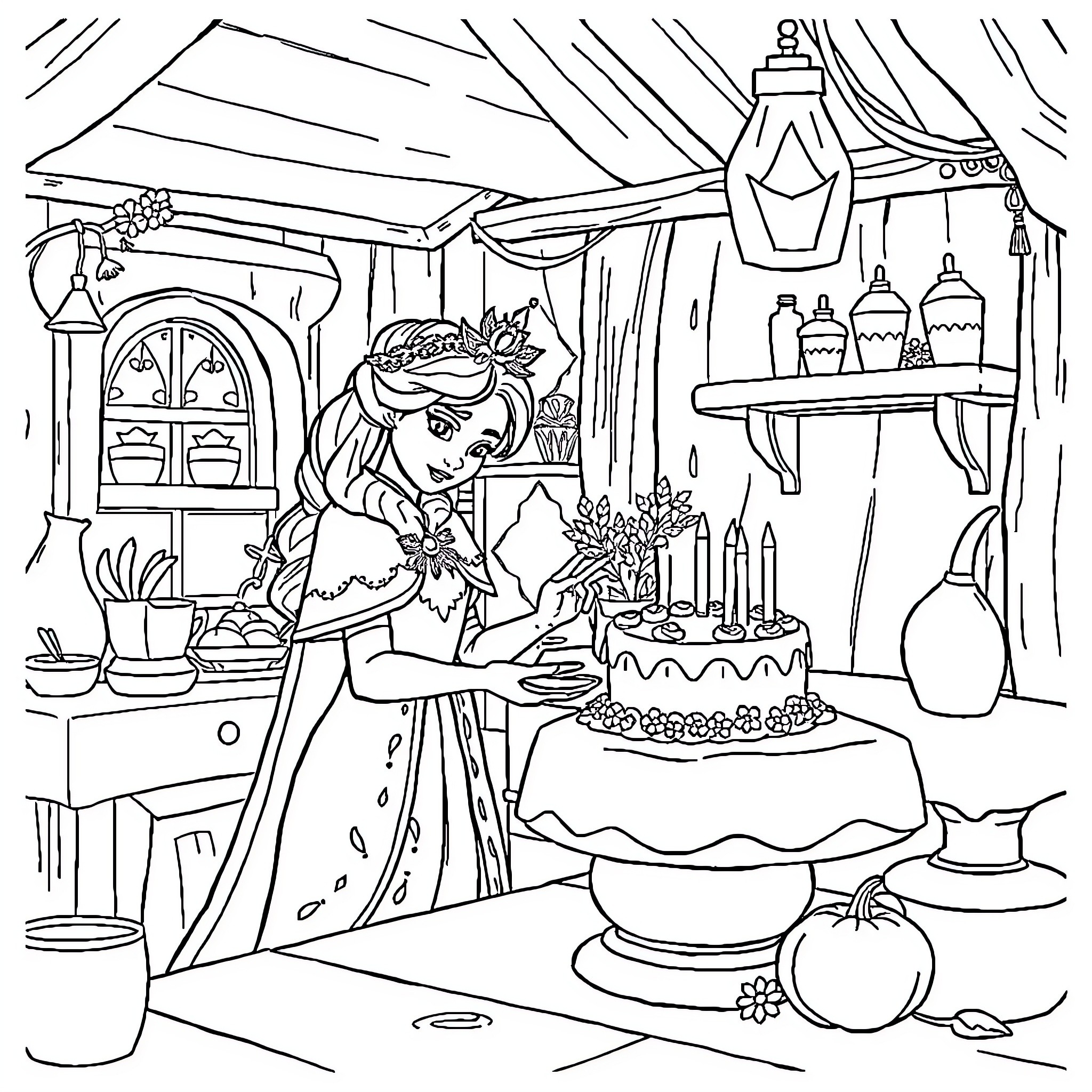 Queen Celebrating Birthday in Kitchen Coloring Page (free black-and-white line drawing printable PDF for all, from beginners to advanced learners, including children, teens, adults, and seniors)