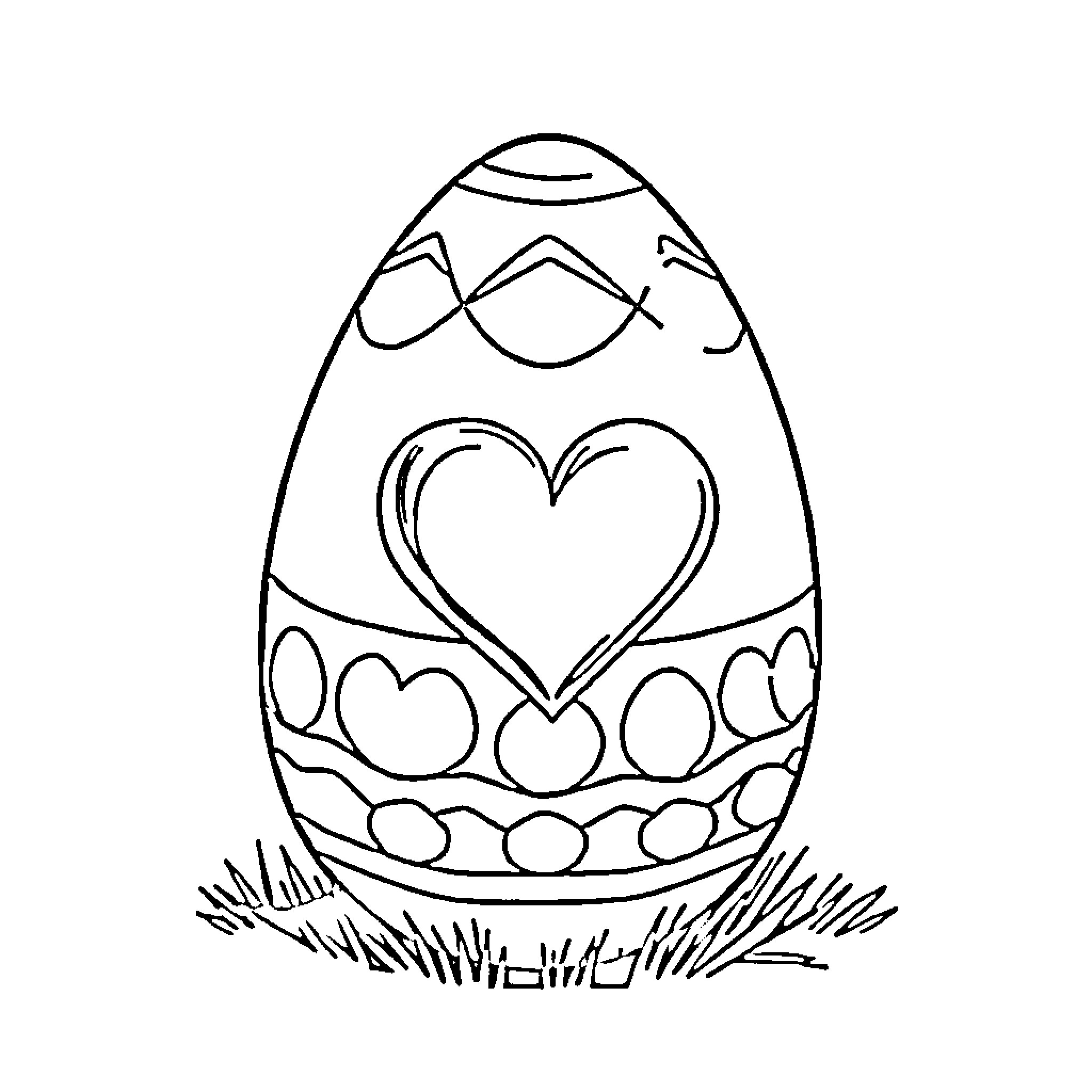 Egg adorned with hearts and patterns Coloring Page (free black-and-white line drawing printable PDF for all, from beginners to advanced learners, including children, teens, adults, and seniors)