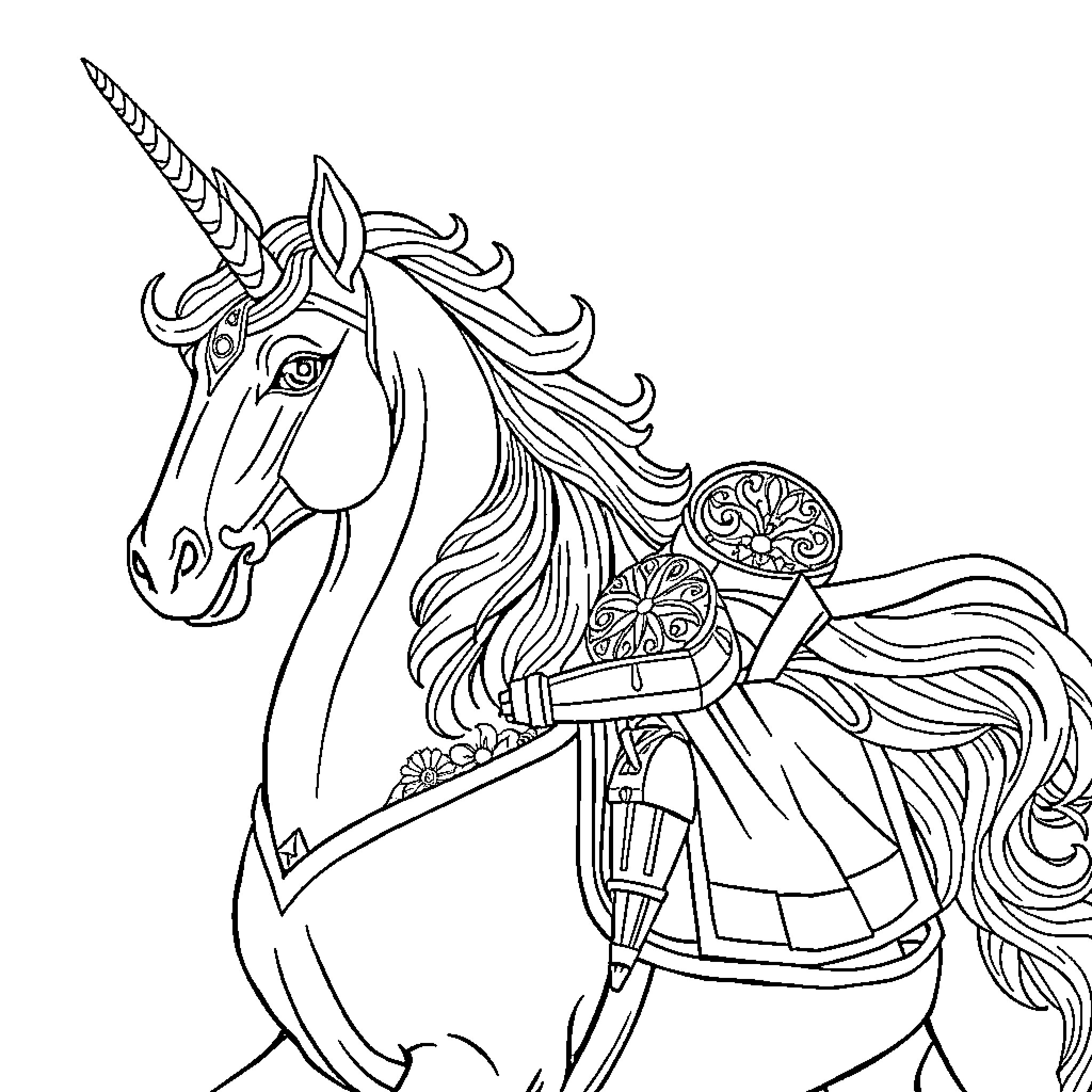 Unicorn with Intricate Ornamental Attire Coloring Page (free black-and-white line drawing printable PDF for all, from beginners to advanced learners, including children, teens, adults, and seniors)