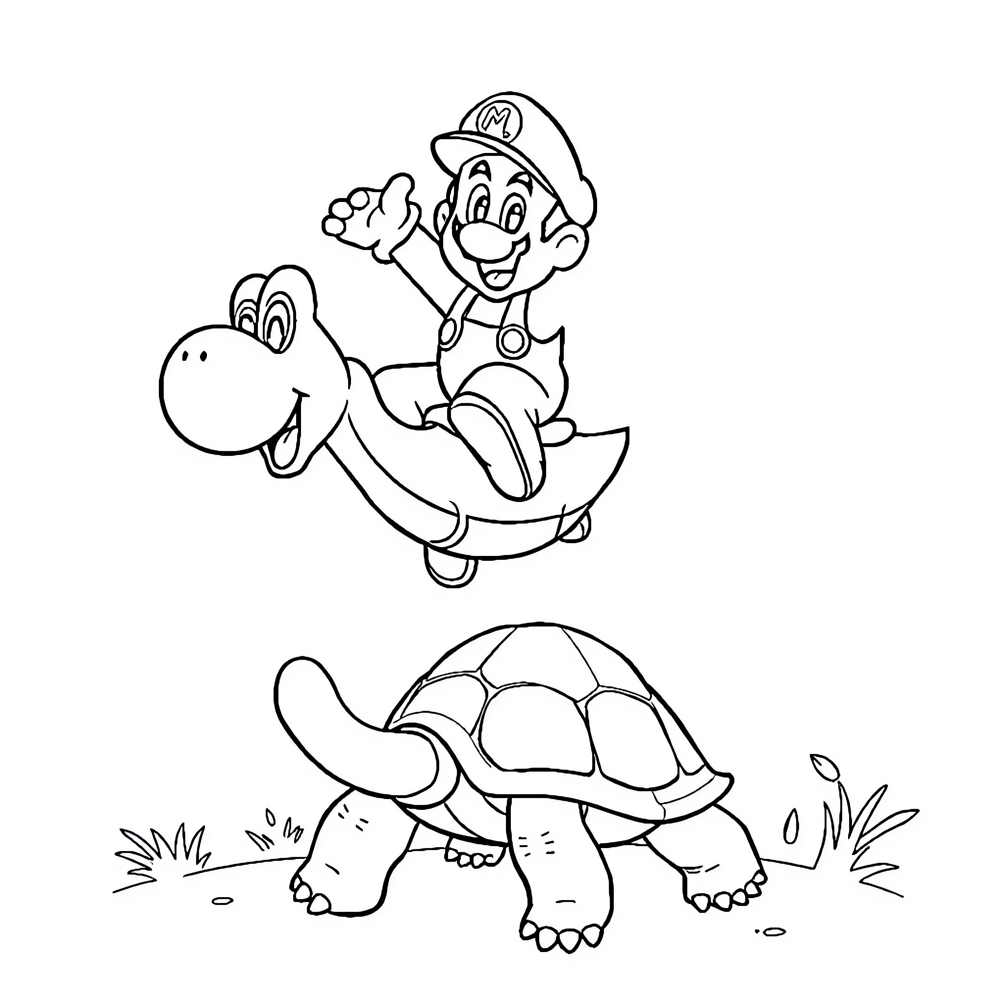 Mario riding a friendly Yoshi and exploring nature Coloring Page (free black-and-white line drawing printable PDF for all, from beginners to advanced learners, including children, teens, adults, and seniors)