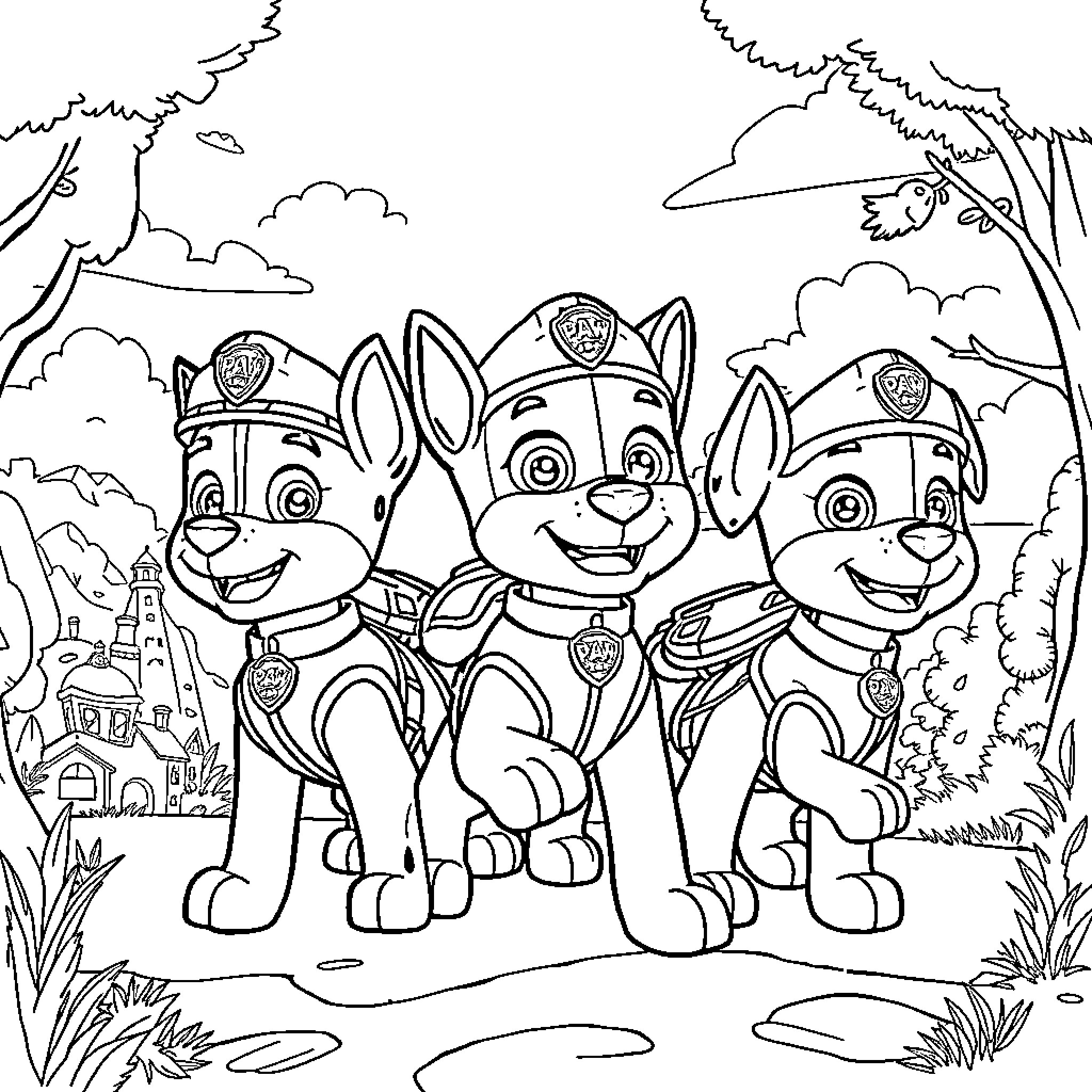 Paw Patrol Pups Exploring the Forest Scene Coloring Page (free black-and-white line drawing printable PDF for all, from beginners to advanced learners, including children, teens, adults, and seniors)