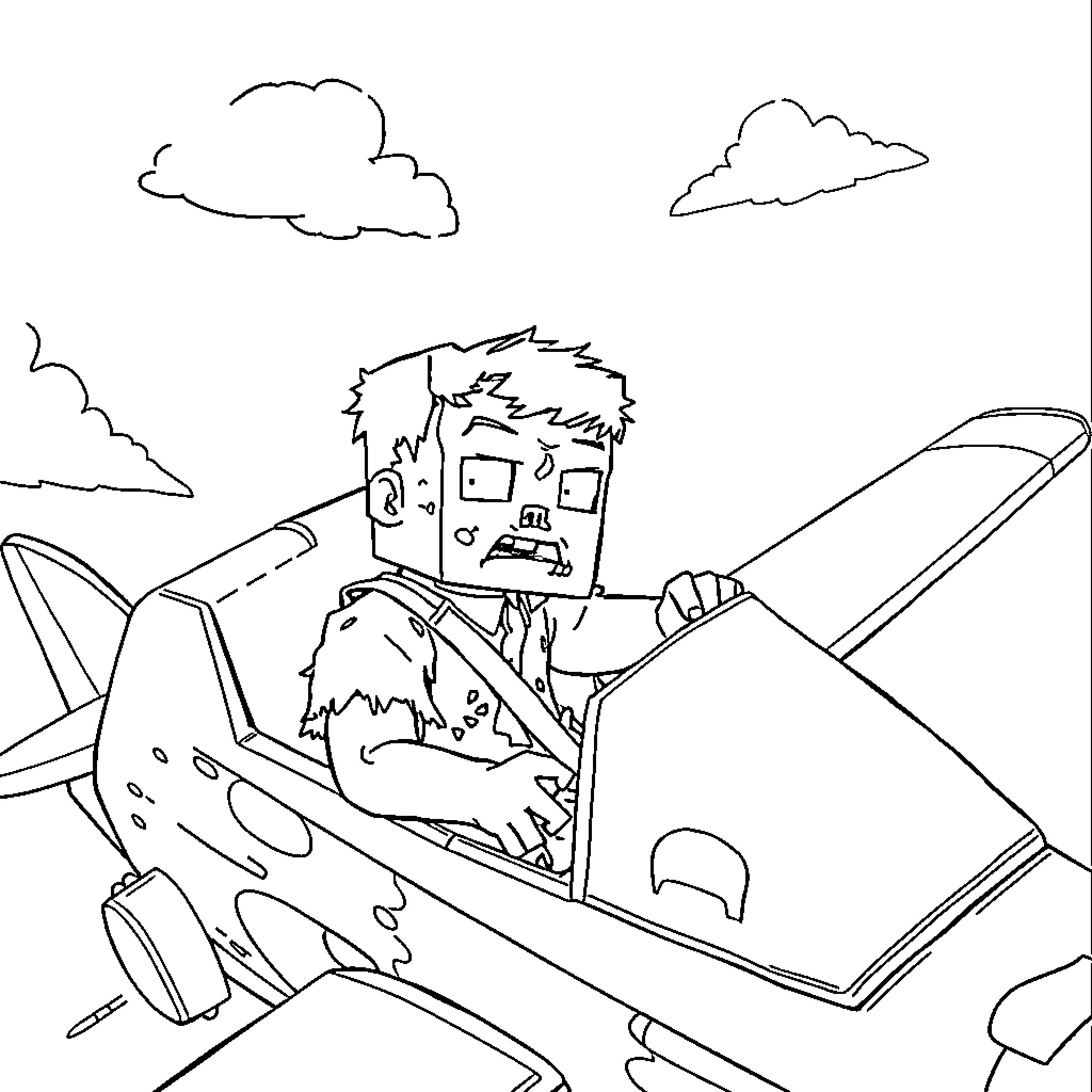 Minecraft Zombie piloting a damaged aircraft Coloring Page (free black-and-white line drawing printable PDF for all, from beginners to advanced learners, including children, teens, adults, and seniors)