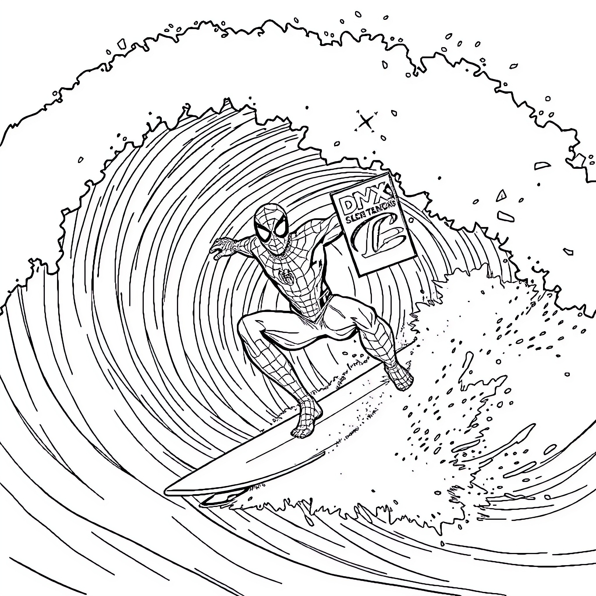 Spiderman surfing on giant wave Coloring Page (free black-and-white line drawing printable PDF for all, from beginners to advanced learners, including children, teens, adults, and seniors)