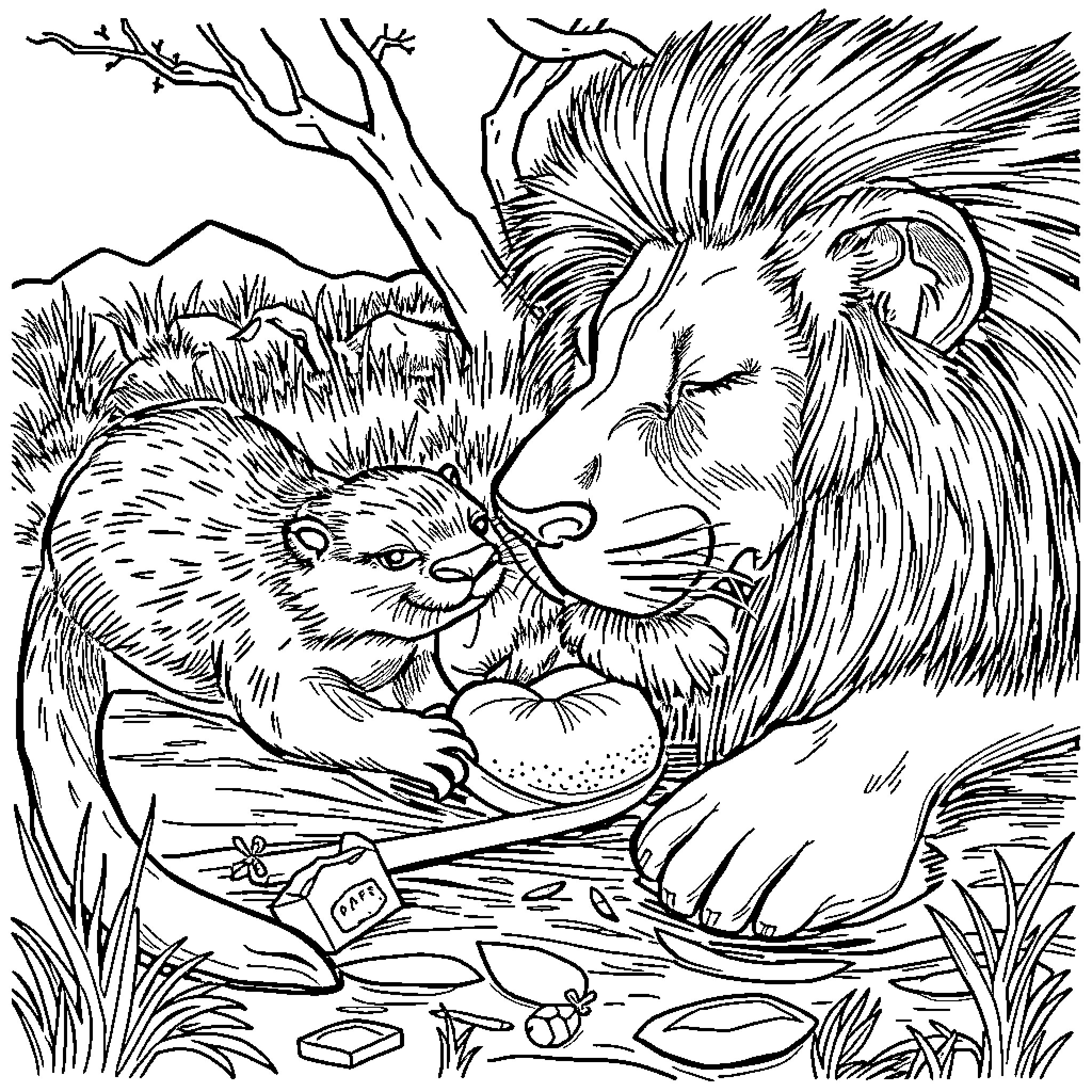 Otter and Lion interacting in nature Coloring Page (free black-and-white line drawing printable PDF for all, from beginners to advanced learners, including children, teens, adults, and seniors)