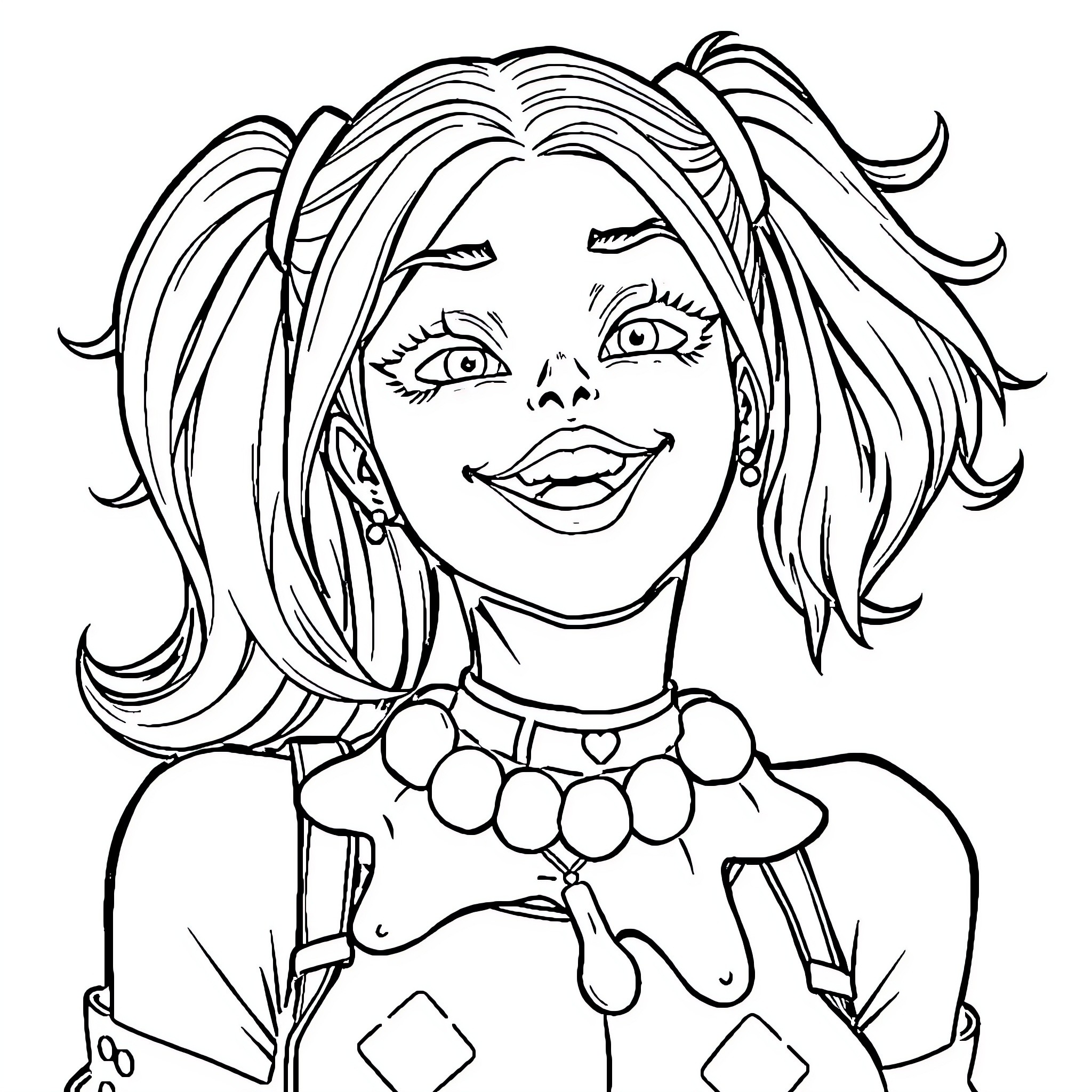 Harley Quinn in Playful Costume and Expression Coloring Page (free black-and-white line drawing printable PDF for all, from beginners to advanced learners, including children, teens, adults, and seniors)