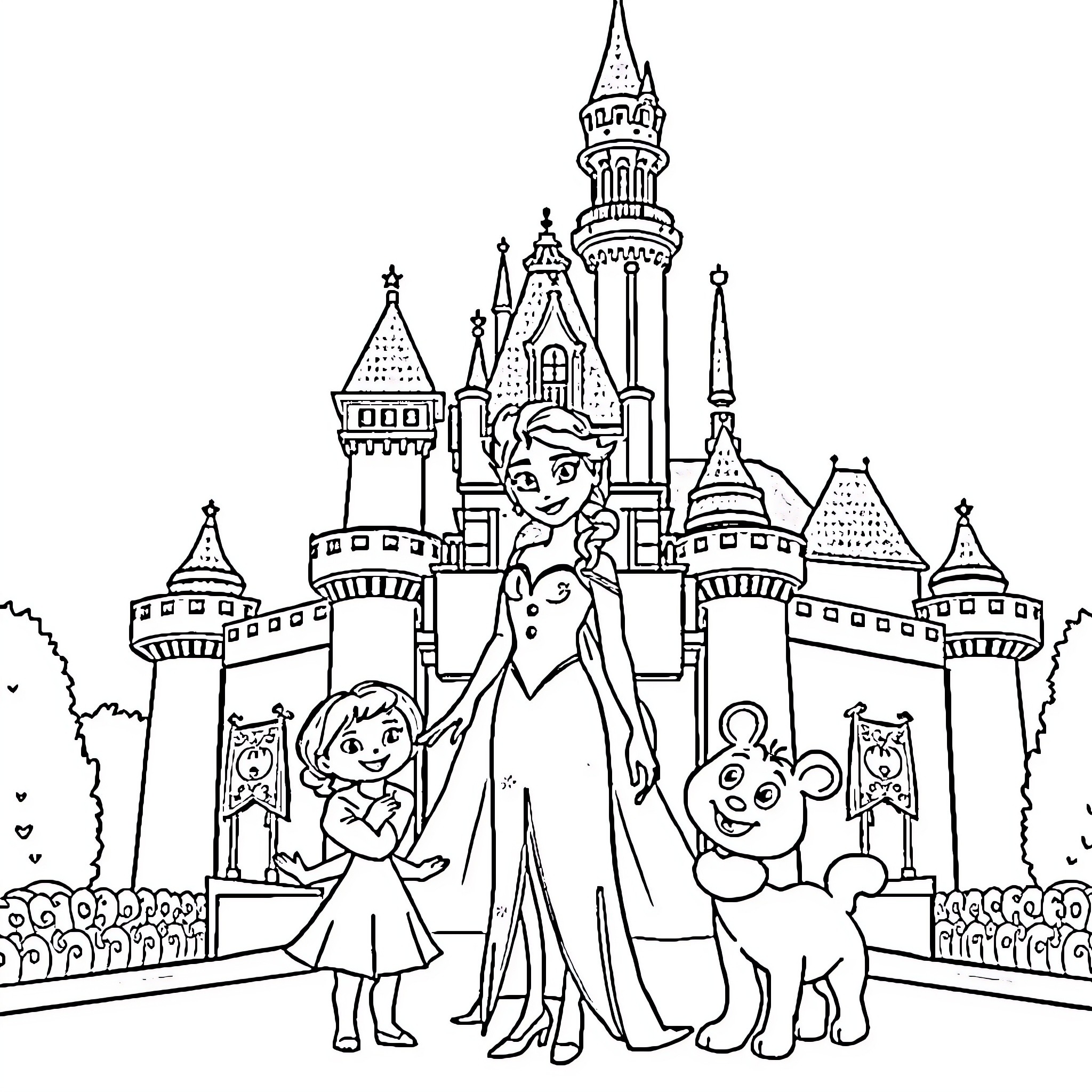 Elsa and friends at the enchanted castle Coloring Page (free black-and-white line drawing printable PDF for all, from beginners to advanced learners, including children, teens, adults, and seniors)