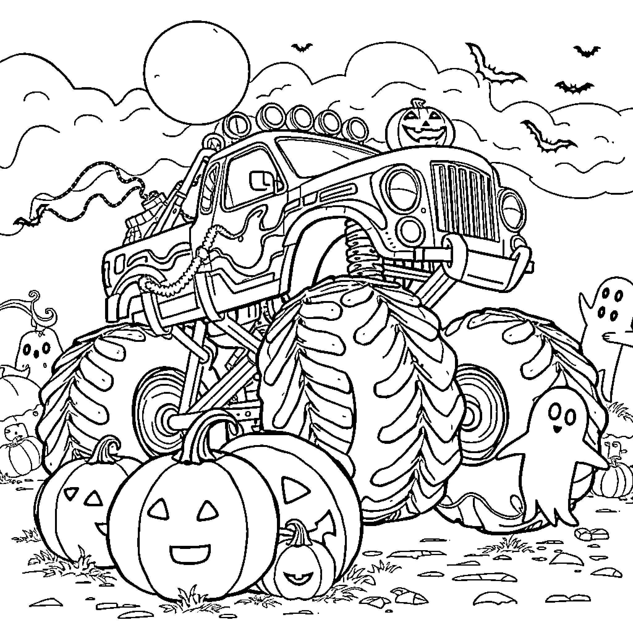 Monster Truck Navigating Through Spooky Halloween Landscape Coloring Page (free black-and-white line drawing printable PDF for all, from beginners to advanced learners, including children, teens, adults, and seniors)