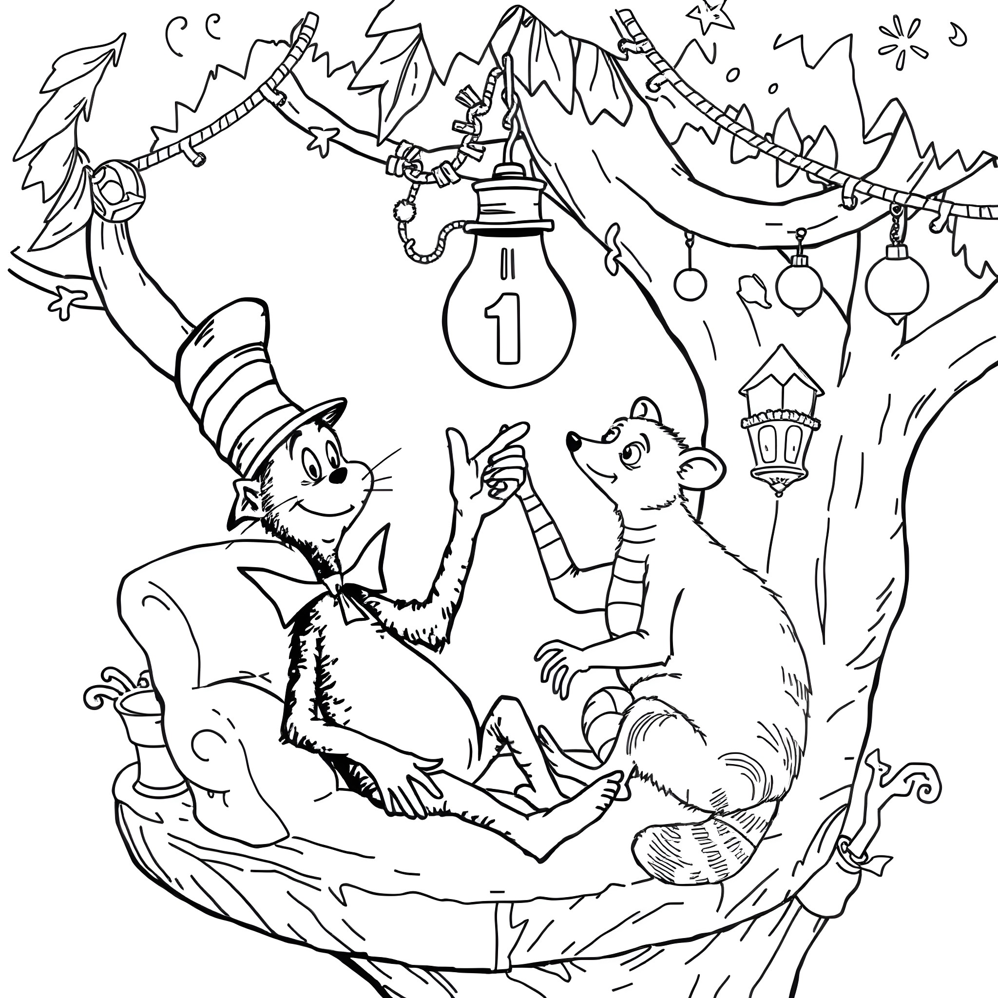 Cat in the Hat enjoying the night with a raccoon friend Coloring Page (free black-and-white line drawing printable PDF for all, from beginners to advanced learners, including children, teens, adults, and seniors)