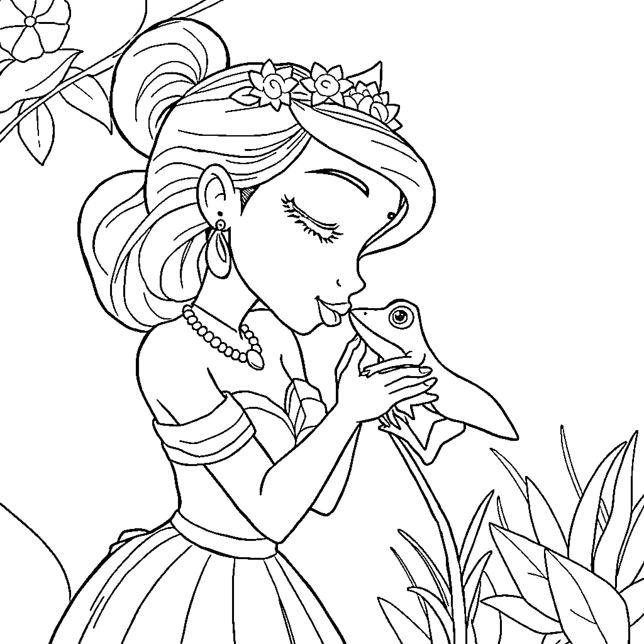 Tiana's Enchanted Garden Adventure Coloring Page (free black-and-white line drawing printable PDF for all, from beginners to advanced learners, including children, teens, adults, and seniors)