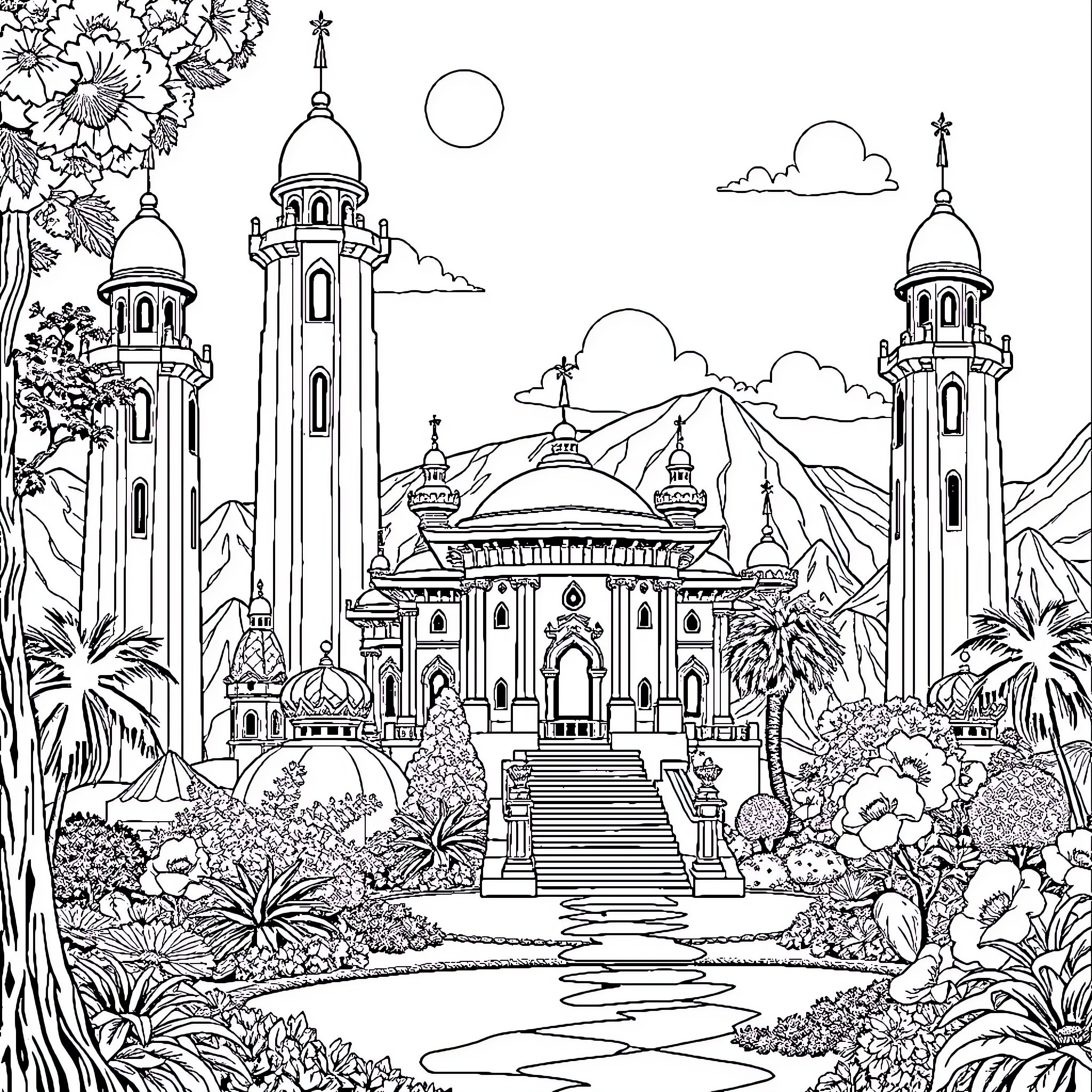 Avatar of an Oriental Palace in a Lush Landscape Coloring Page (free black-and-white line drawing printable PDF for all, from beginners to advanced learners, including children, teens, adults, and seniors)