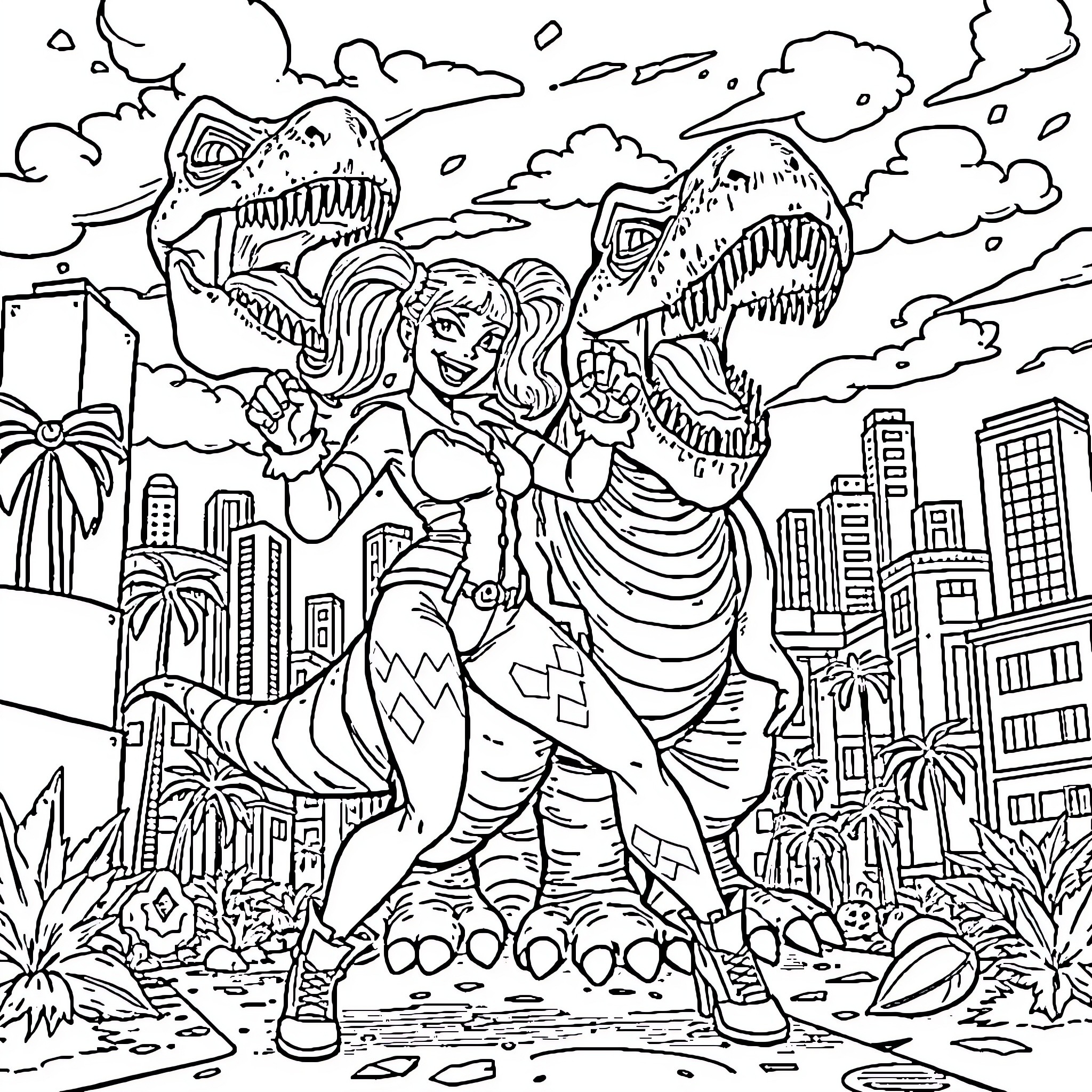 Harley Quinn facing off against towering monsters in the city Coloring Page (free black-and-white line drawing printable PDF for all, from beginners to advanced learners, including children, teens, adults, and seniors)