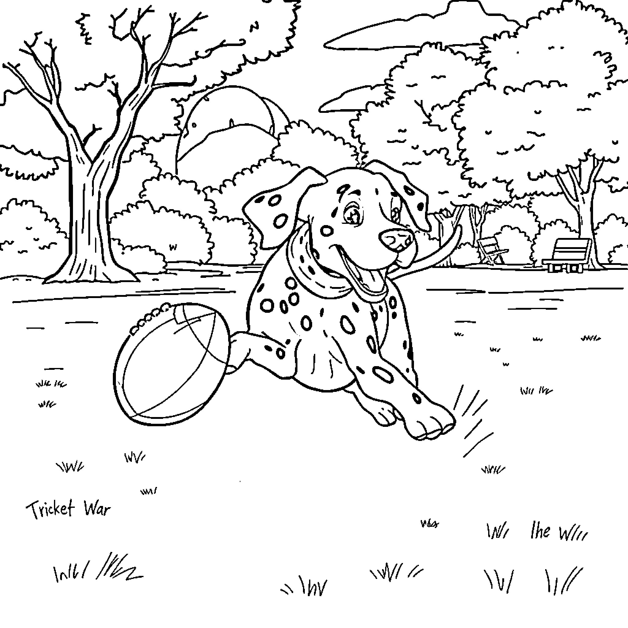 Dalmatian playing with a ball in the park Coloring Page (free black-and-white line drawing printable PDF for all, from beginners to advanced learners, including children, teens, adults, and seniors)