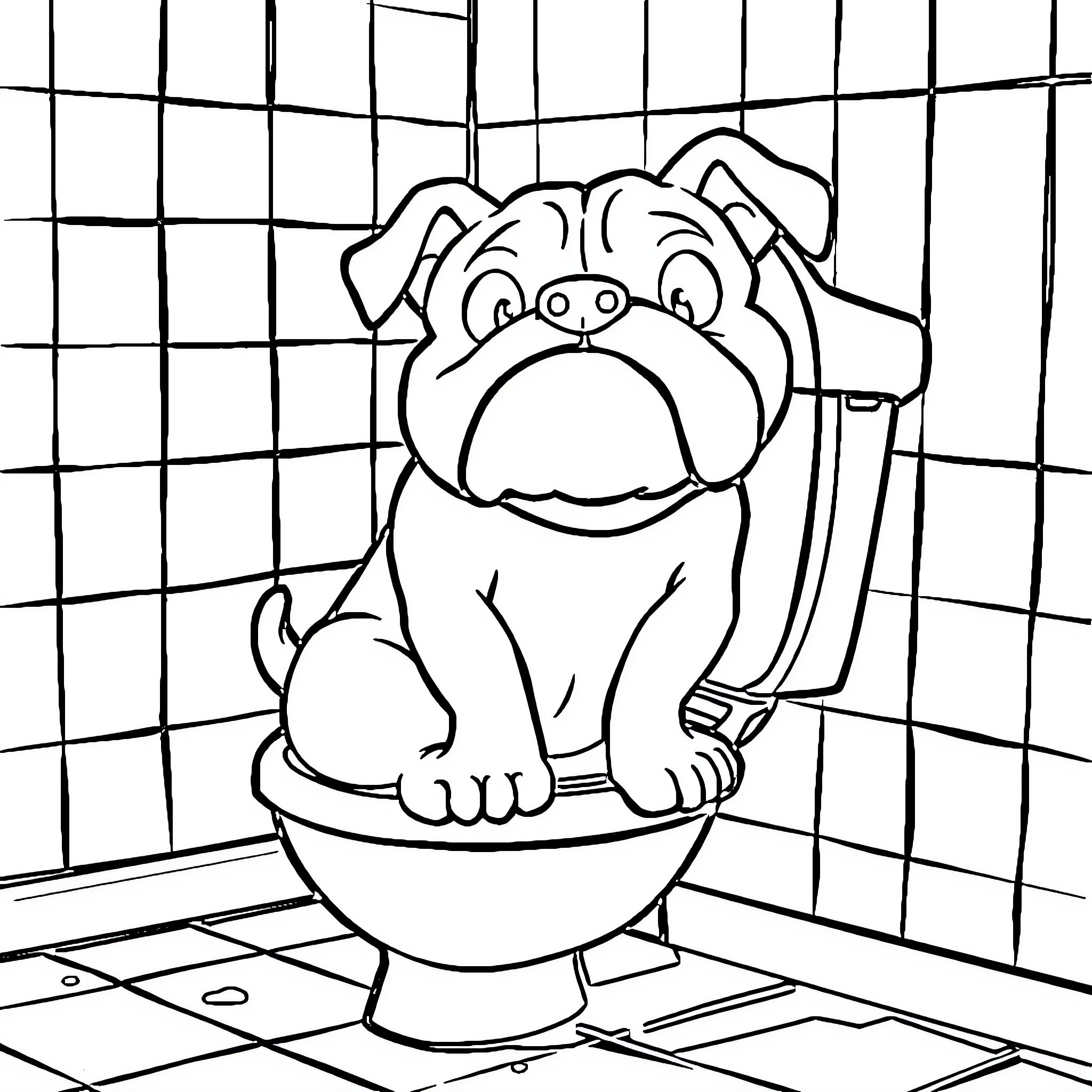 Bulldog sitting on toilet in tiled bathroom Coloring Page (free black-and-white line drawing printable PDF for all, from beginners to advanced learners, including children, teens, adults, and seniors)