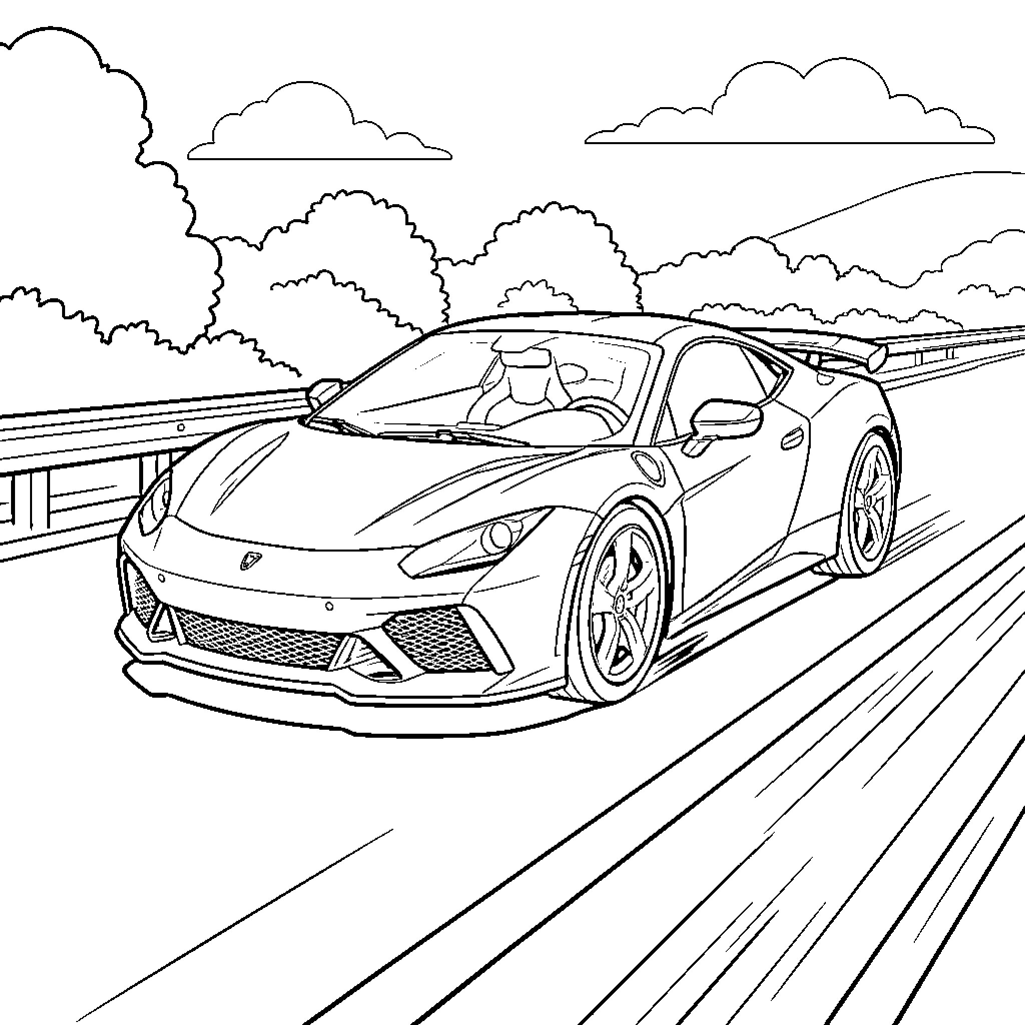 Sports Car speeding along a scenic mountain road Coloring Page (free black-and-white line drawing printable PDF for all, from beginners to advanced learners, including children, teens, adults, and seniors)