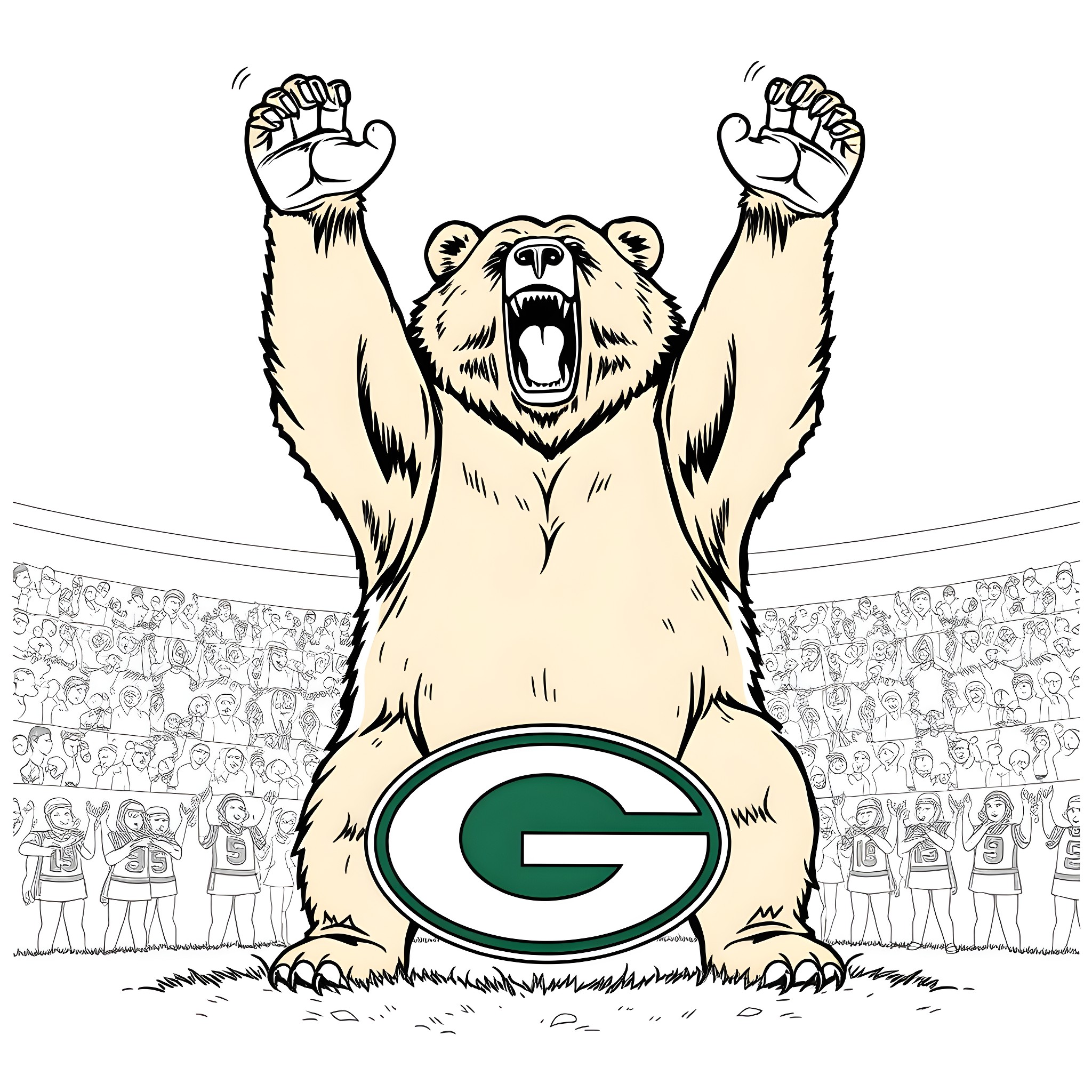 Bear cheering enthusiastically on the field Coloring Page (free black-and-white line drawing printable PDF for all, from beginners to advanced learners, including children, teens, adults, and seniors)