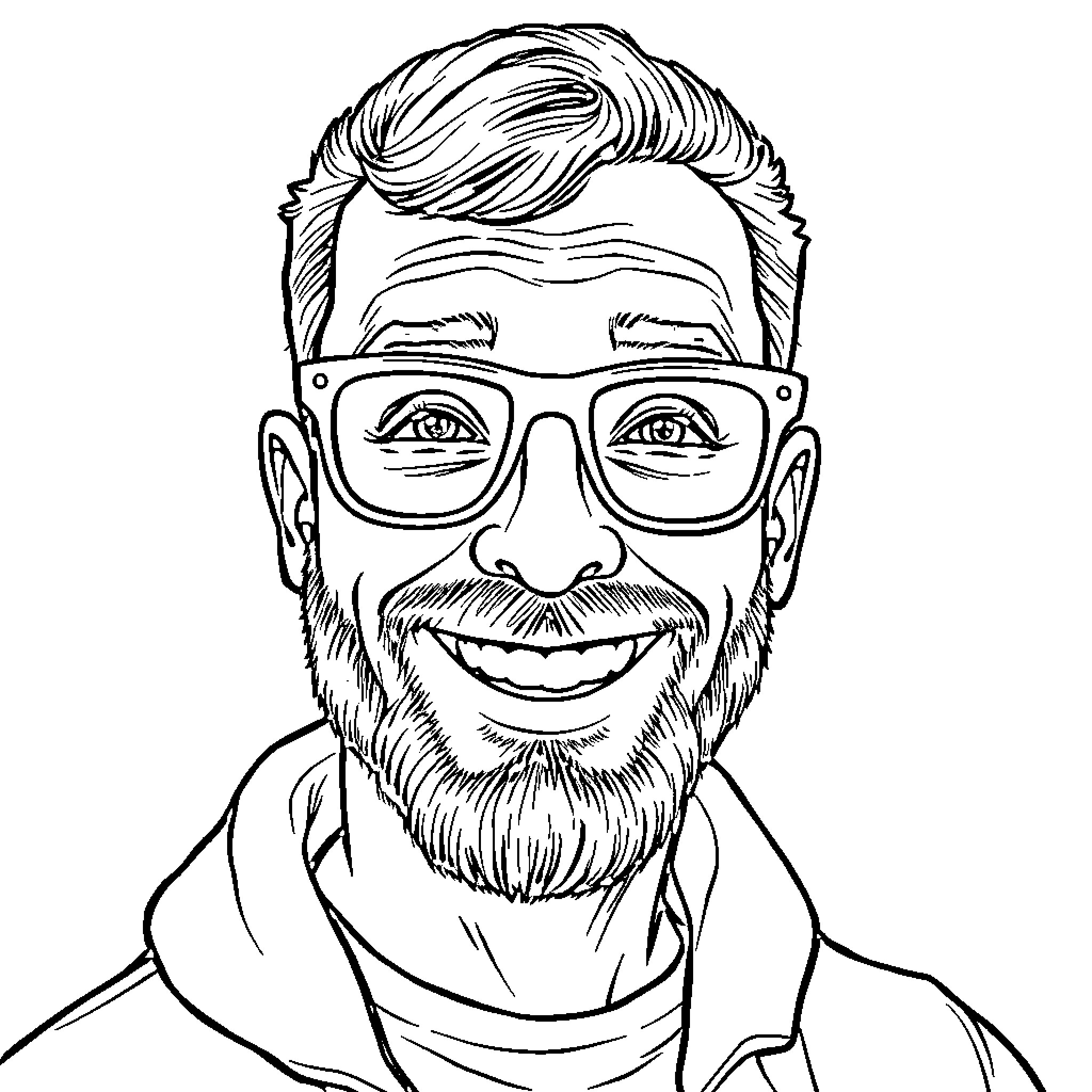 Homme with glasses and a beard looking cheerful Coloring Page (free black-and-white line drawing printable PDF for all, from beginners to advanced learners, including children, teens, adults, and seniors)