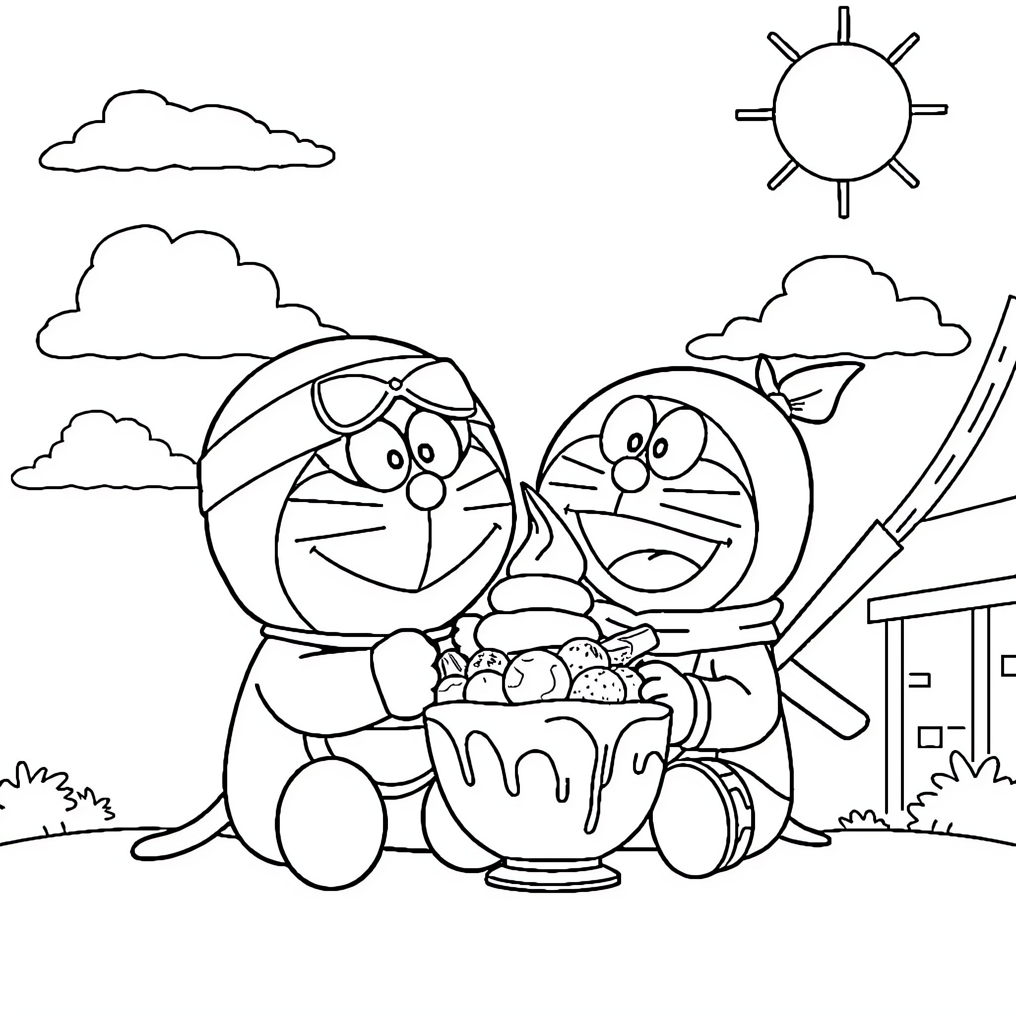 Doraemon and Nobita enjoying a snack outdoors Coloring Page (free black-and-white line drawing printable PDF for all, from beginners to advanced learners, including children, teens, adults, and seniors)