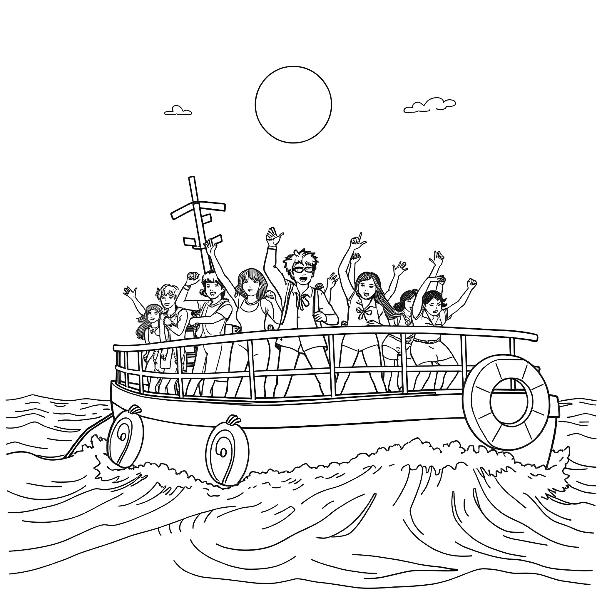 K Pop Stars Performing on a Boat During a Beach Party Coloring Page (free black-and-white line drawing printable PDF for all, from beginners to advanced learners, including children, teens, adults, and seniors)