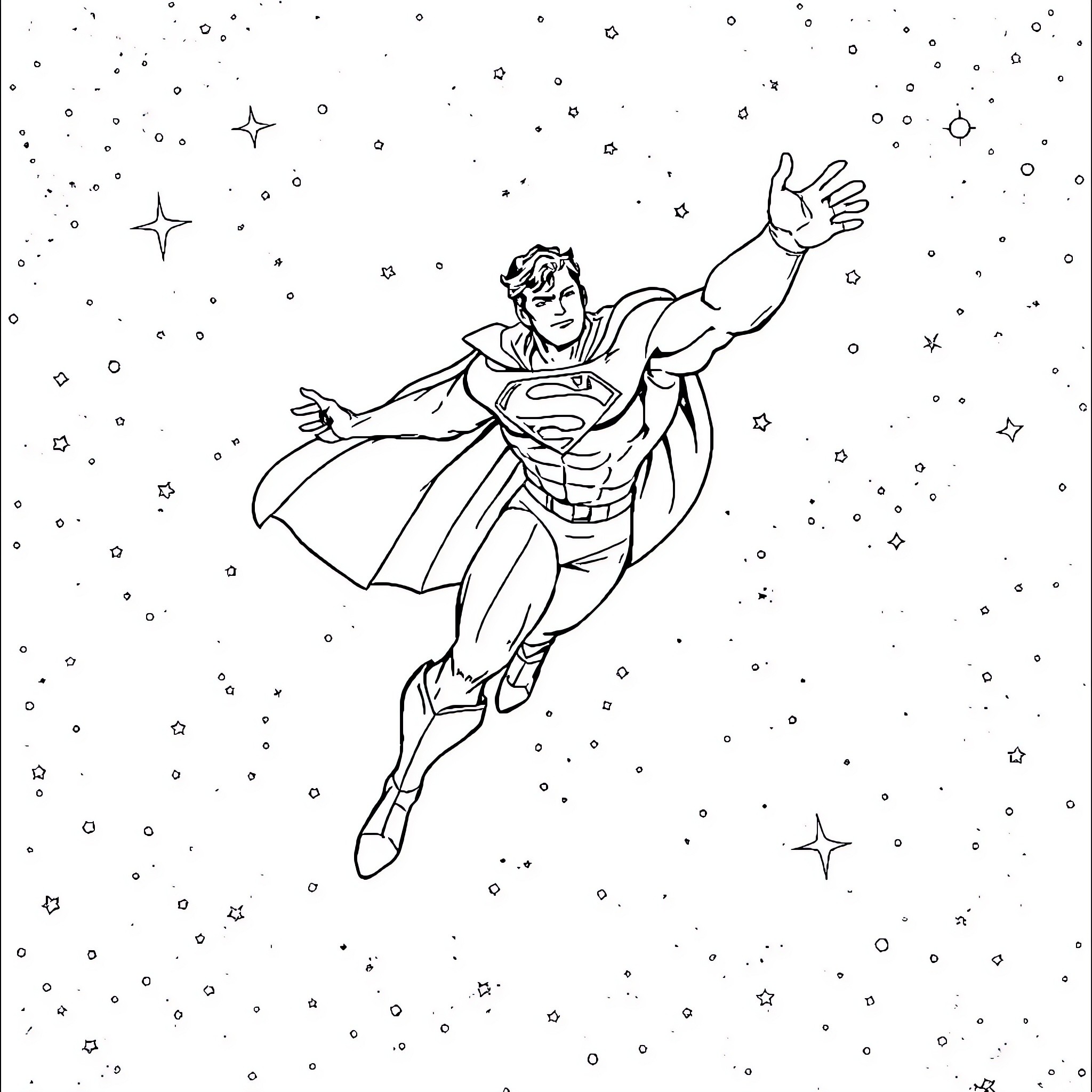Superman soaring through the starry night sky Coloring Page (free black-and-white line drawing printable PDF for all, from beginners to advanced learners, including children, teens, adults, and seniors)