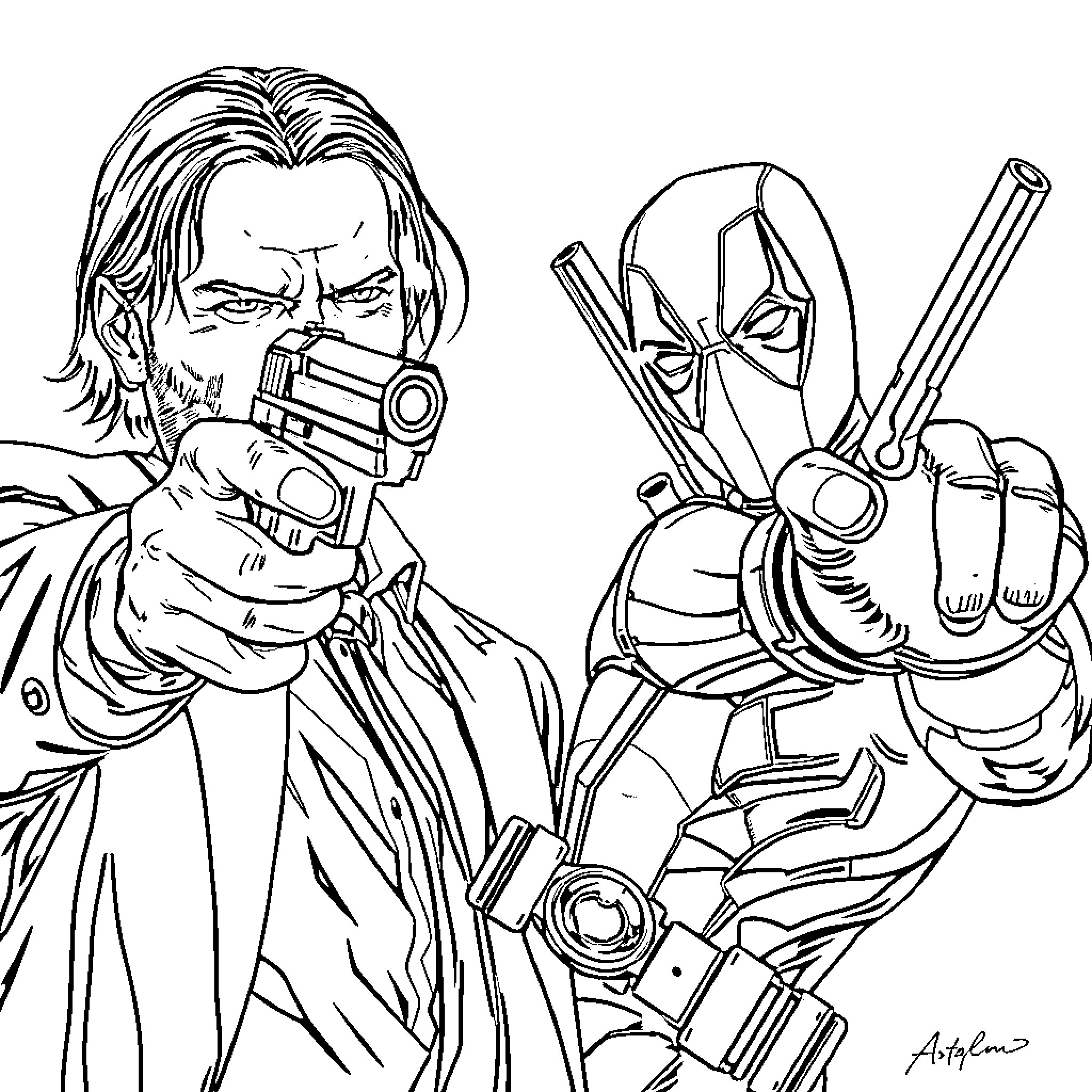 John Wick Preparing for Intense Action with Deadpool Coloring Page (free black-and-white line drawing printable PDF for all, from beginners to advanced learners, including children, teens, adults, and seniors)