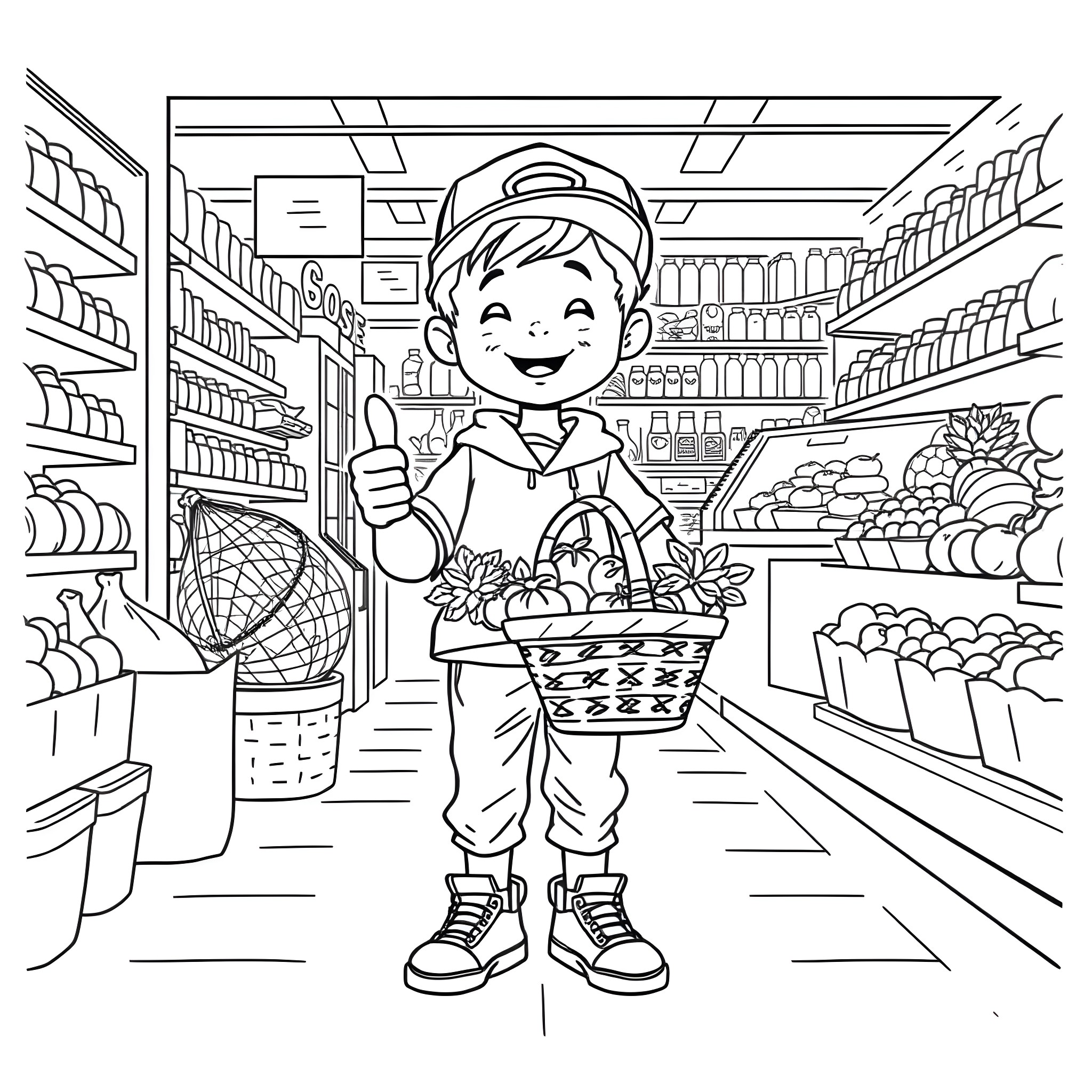Boy shopping happily in a grocery store Coloring Page (free black-and-white line drawing printable PDF for all, from beginners to advanced learners, including children, teens, adults, and seniors)