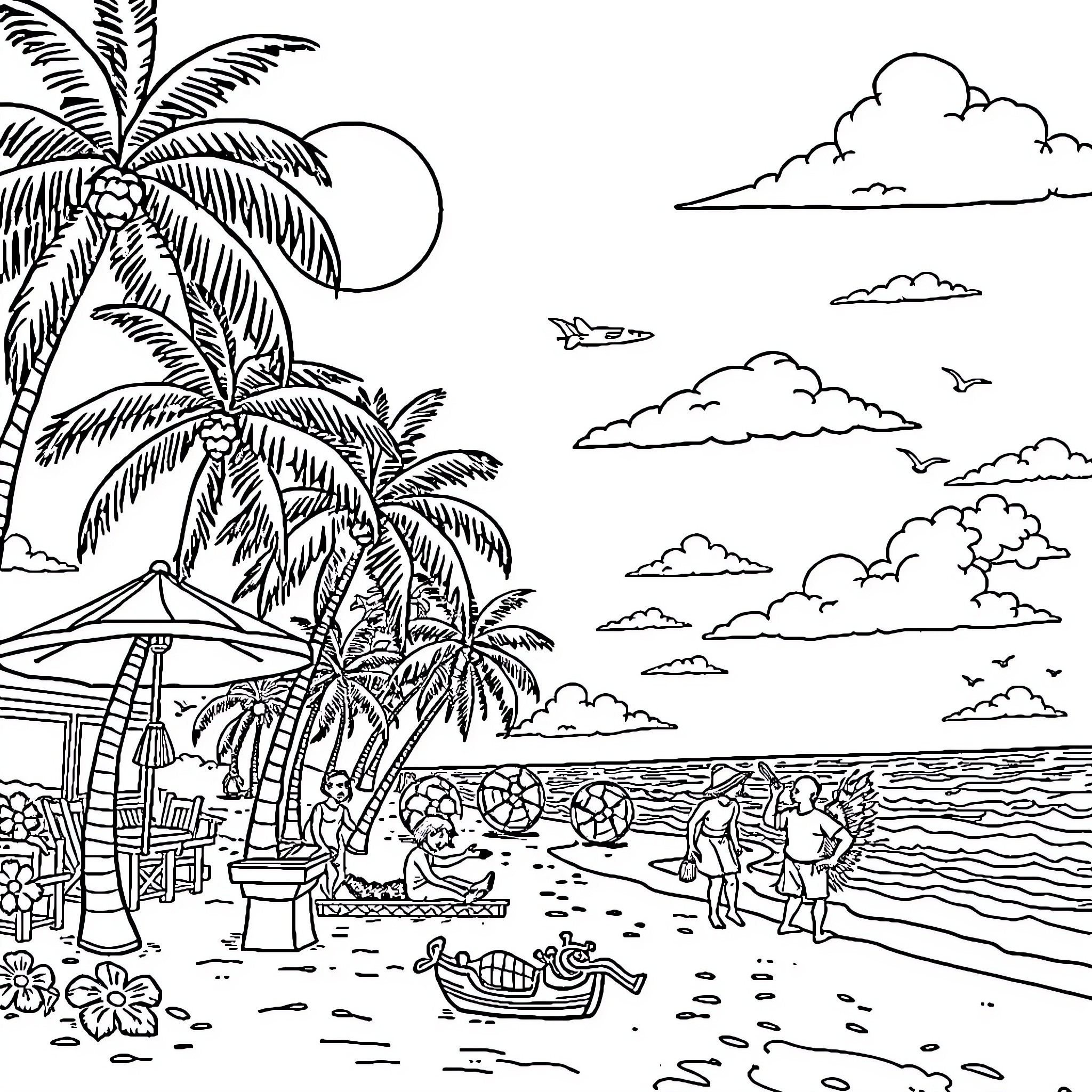 Florida beach scene with palm trees and people Coloring Page (free black-and-white line drawing printable PDF for all, from beginners to advanced learners, including children, teens, adults, and seniors)