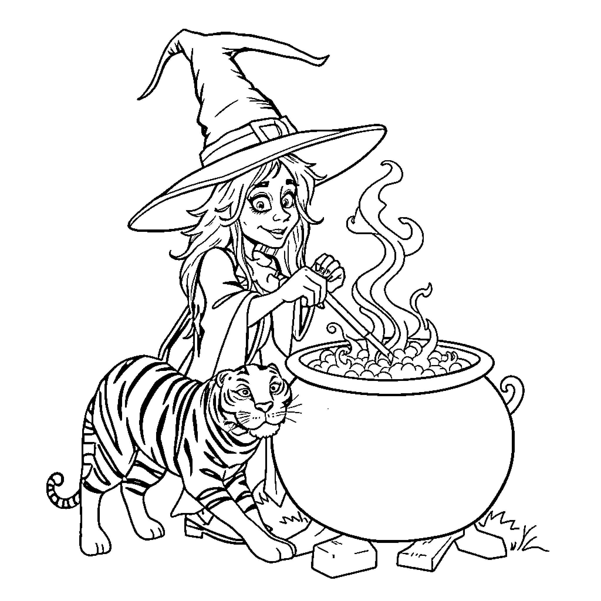Witch stirring a magical potion with a tiger Coloring Page (free black-and-white line drawing printable PDF for all, from beginners to advanced learners, including children, teens, adults, and seniors)