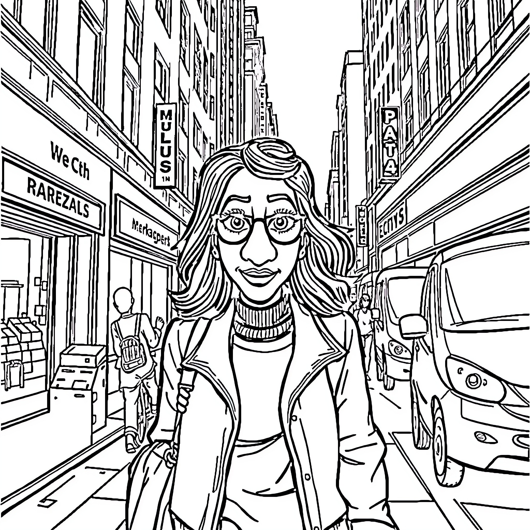 Woman exploring the bustling city streets Coloring Page (free black-and-white line drawing printable PDF for all, from beginners to advanced learners, including children, teens, adults, and seniors)