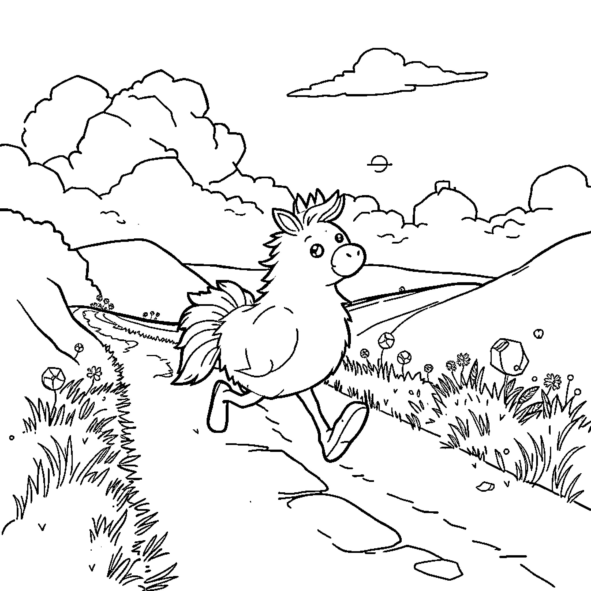 Huevito's Whimsical Outdoor Adventure Coloring Page (free black-and-white line drawing printable PDF for all, from beginners to advanced learners, including children, teens, adults, and seniors)